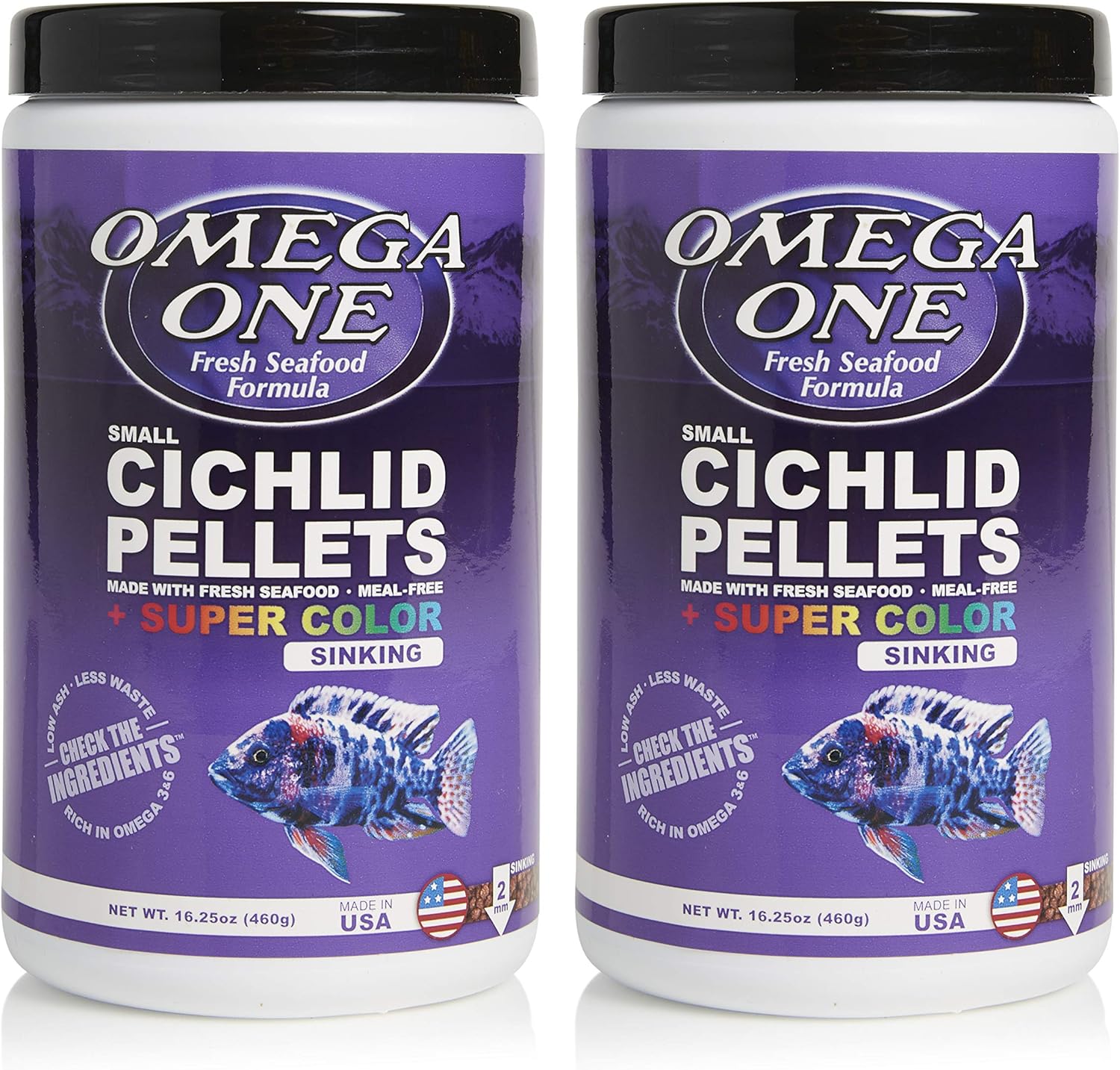 Omega One Super Color Sinking Cichlid Pellets, 2mm Small Pellets, 16.25 oz, Pack of 2