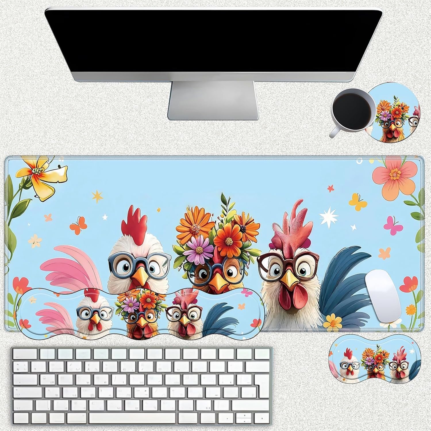 Desk Mat Large Gaming Mouse pad Set 31.5x11.8 inch [4in1Mousepad + Keyboard Wrist Rest+Mouse Wrist Rest+Coaster ] with Ergonomic Desk Pad for Home Office Table Computer - Cute Chicken - Image 2
