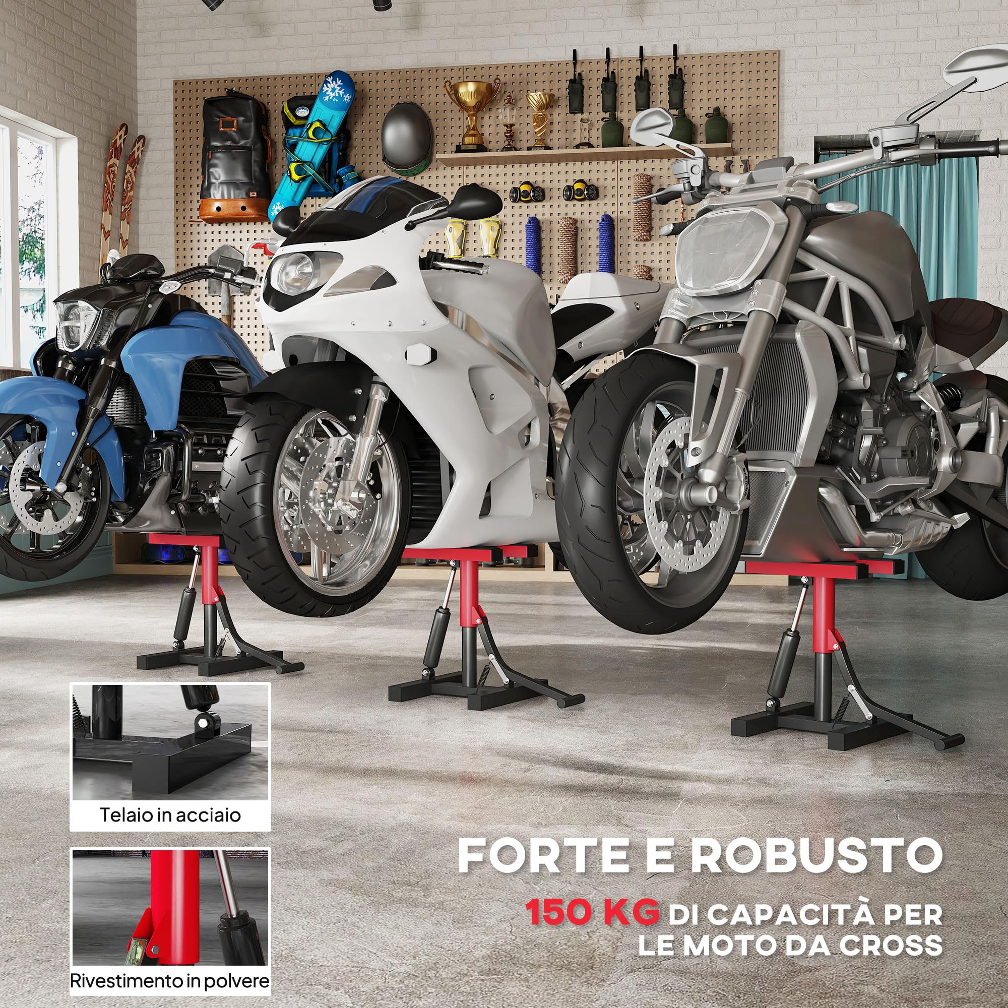 HOMCOM Sollevatore Moto in Acciaio Max 150kg, Cavalletto Alzamoto con Altezza Regolabile 29.5-41 cm e Piattaforma in Gomma Antiscivolo, 33x29x40.5cm, Rosso