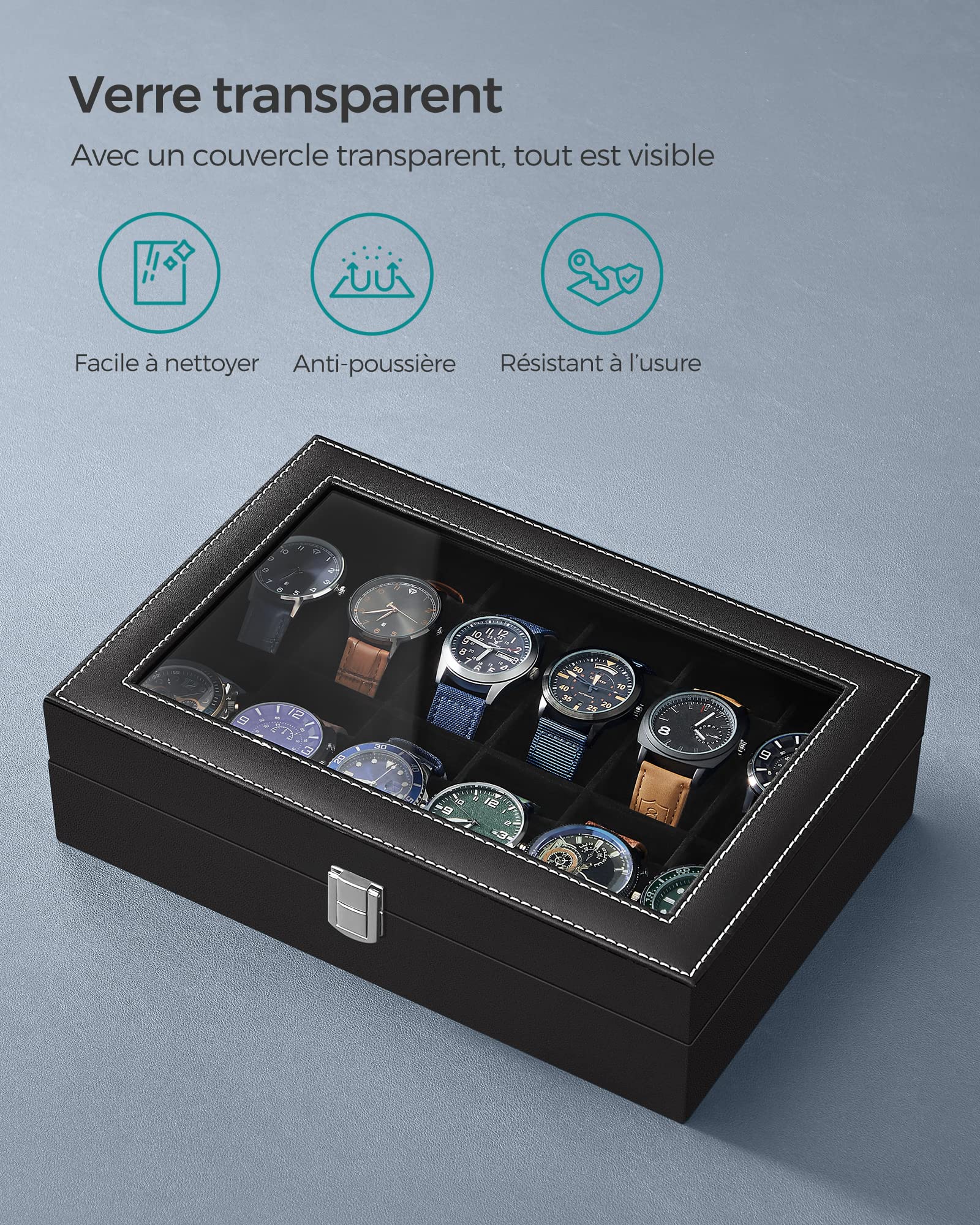 SONGMICS Boîte à Montres, 12 Emplacements, Coffret à Montres, Écrin, Couvercle en Verre, Coussinets Amovibles, Serrure en Métal, Revêtement en Noir et Doublure en Noir JWB12B