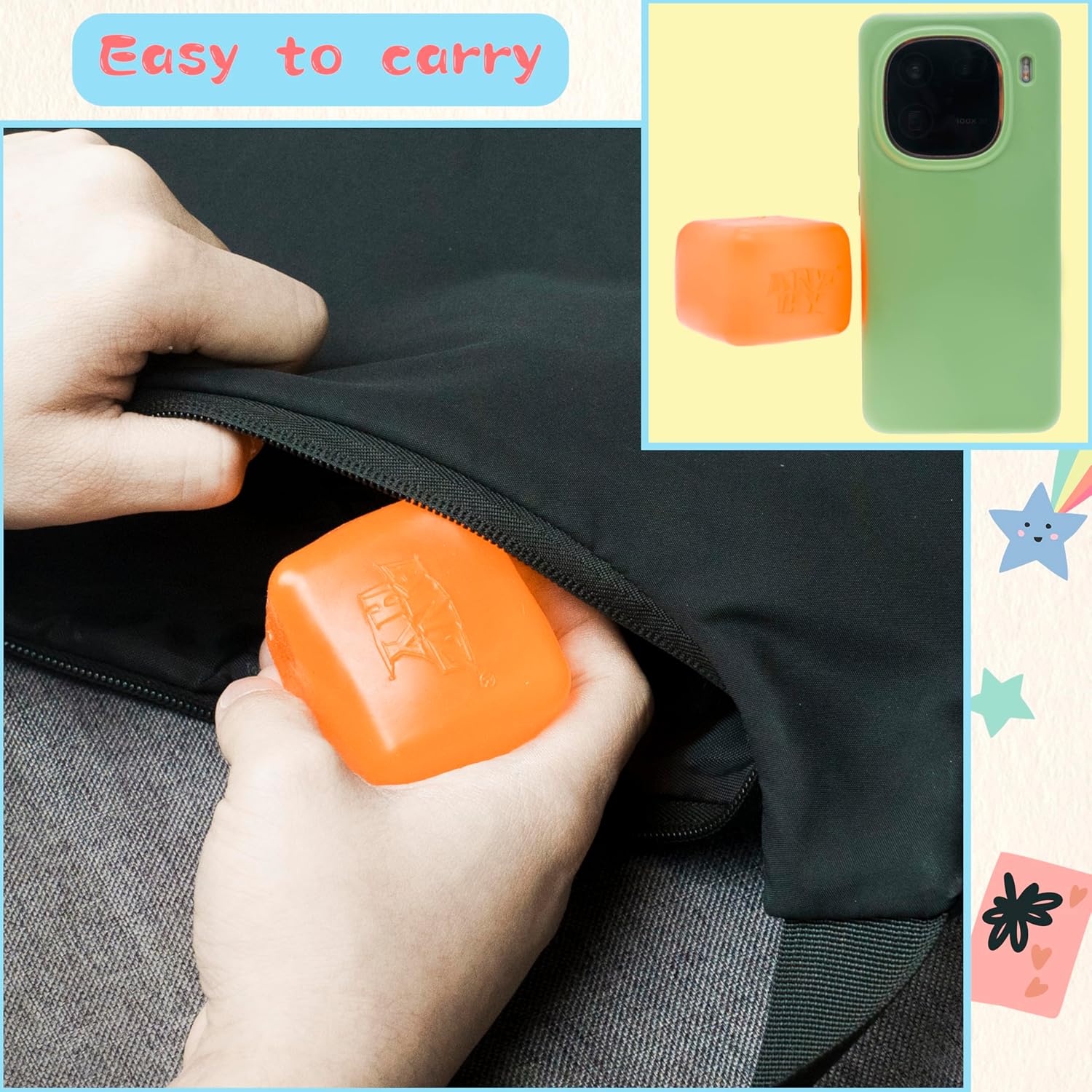 Stress Sugar Cube, Squishy Fidget Toys Stress Cube for Anxiety Stress Relief, High Density Gel Filled, Calming Toys for Kids Adults(Orange Cube)