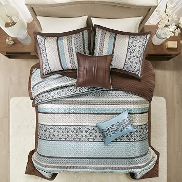 Madison Park Princeton Reversible Quilted Bedspread Set, Solid Reverse Summer Breathable, Lightweight All Season Bedding Layer, Matching Shams, Bedspread Queen(102x118), Blue 5 Piece
