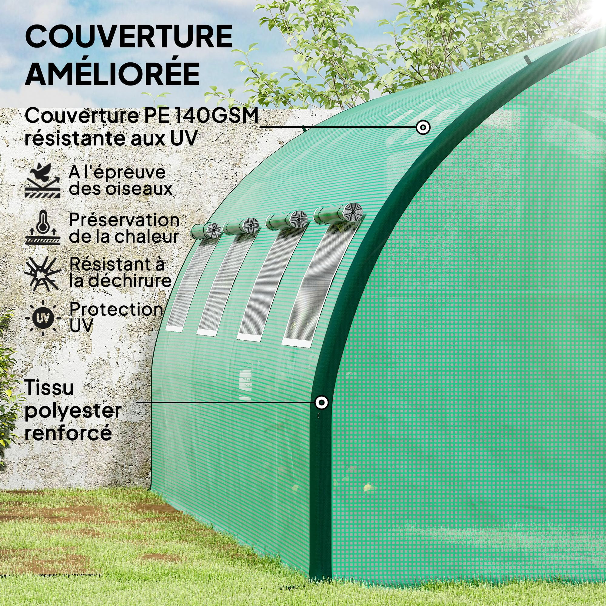 Outsunny Serre Tunnel de Jardin 18m² 600x300x200cm avec Portes et Fenêtres Moustiquaires PE Haute Densité 140g/m² Vert