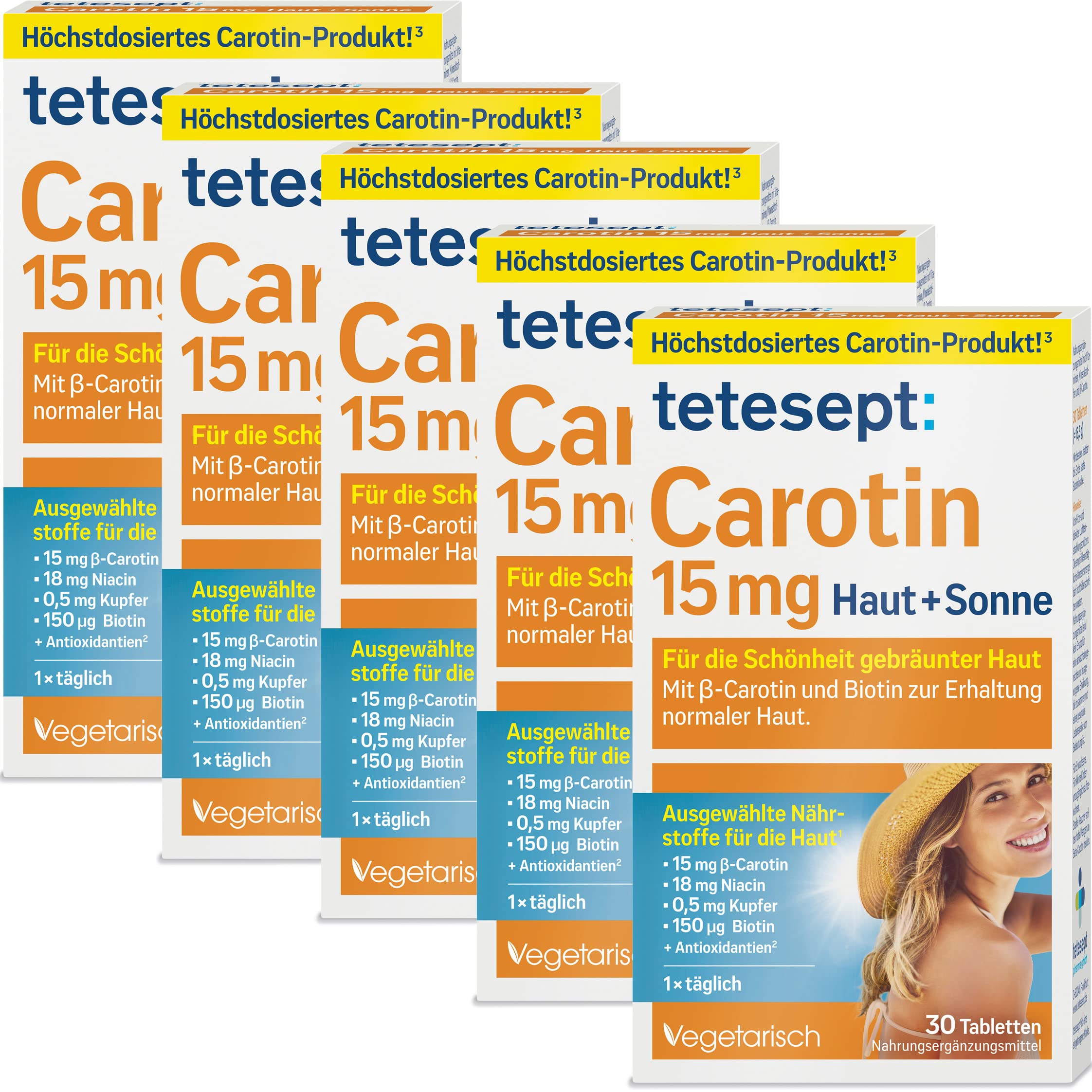 tetesept Carotin 15 mg Haut + Sonne – 5 x 30 Tabletten – Haut Vitamine für die Schönheit gebräunter Haut – Nahrungsergänzungsmittel mit β-Carotin und Antioxidantien