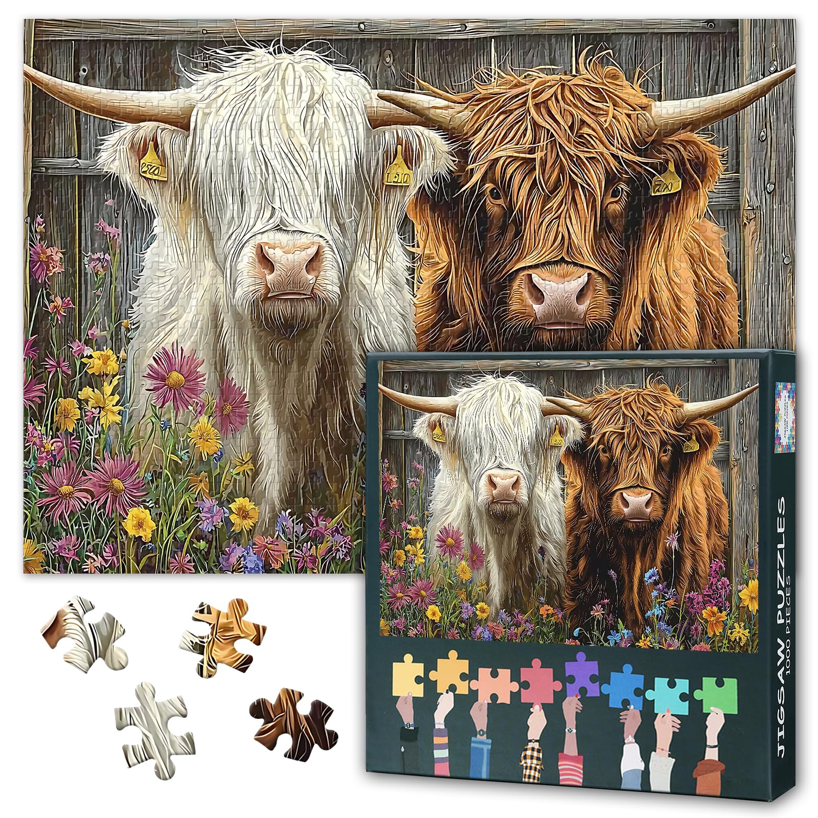1000 Piece Puzzles for Adults, Jigsaw Puzzles 1000 Pieces for Adults - Two Cows in Flowers Field, Animal Landscape for Adults, Challenging Jigsaw Puzzle(27.5x19.7 Inches)