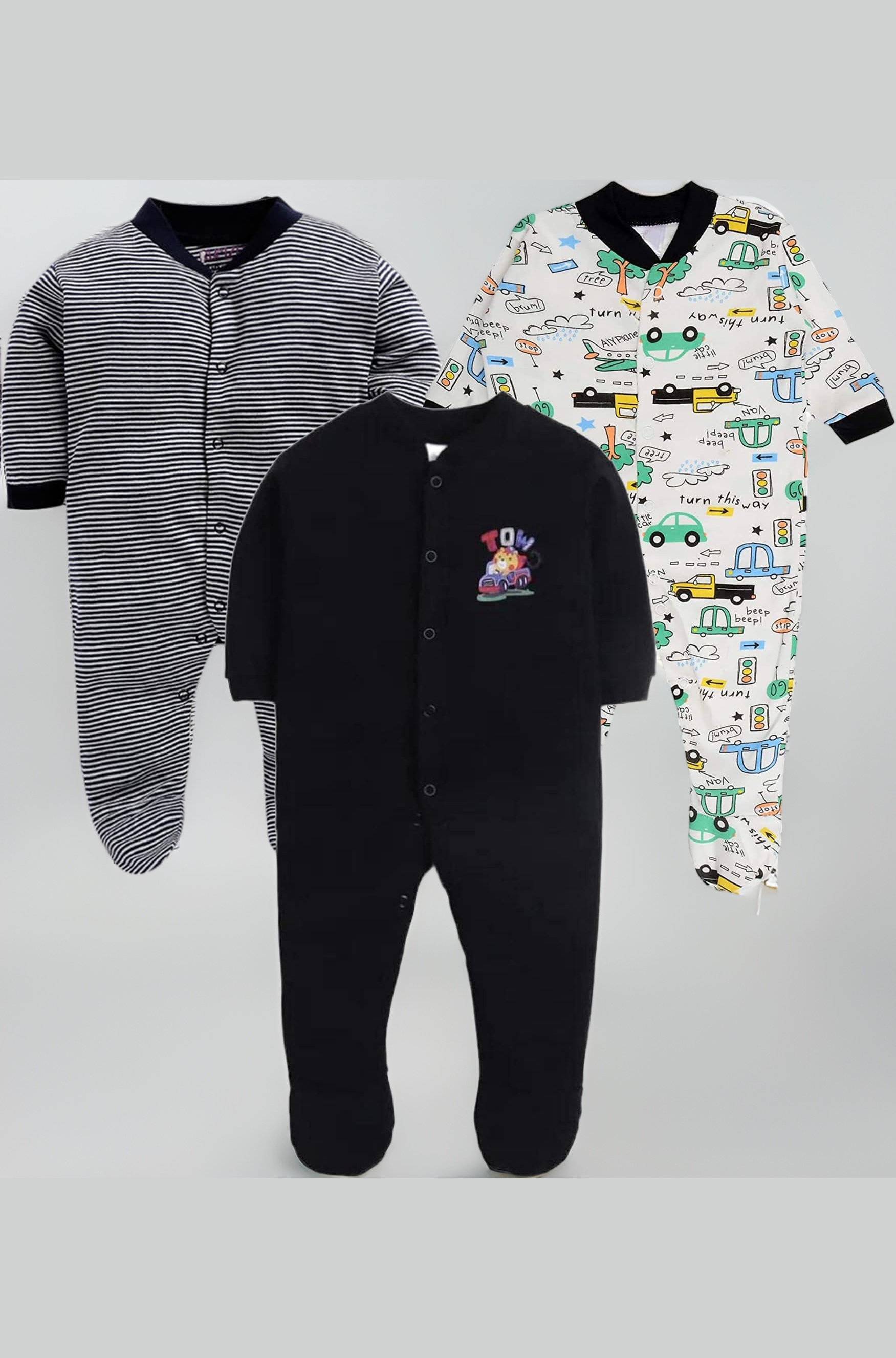 EIO 100% Cotton Baby Rompers Sleepsuits Jumpsuits Night Suits for Newborn Baby Boys & Girls | Soft Infant Bodysuit | Pack of 3 Kids Rompers