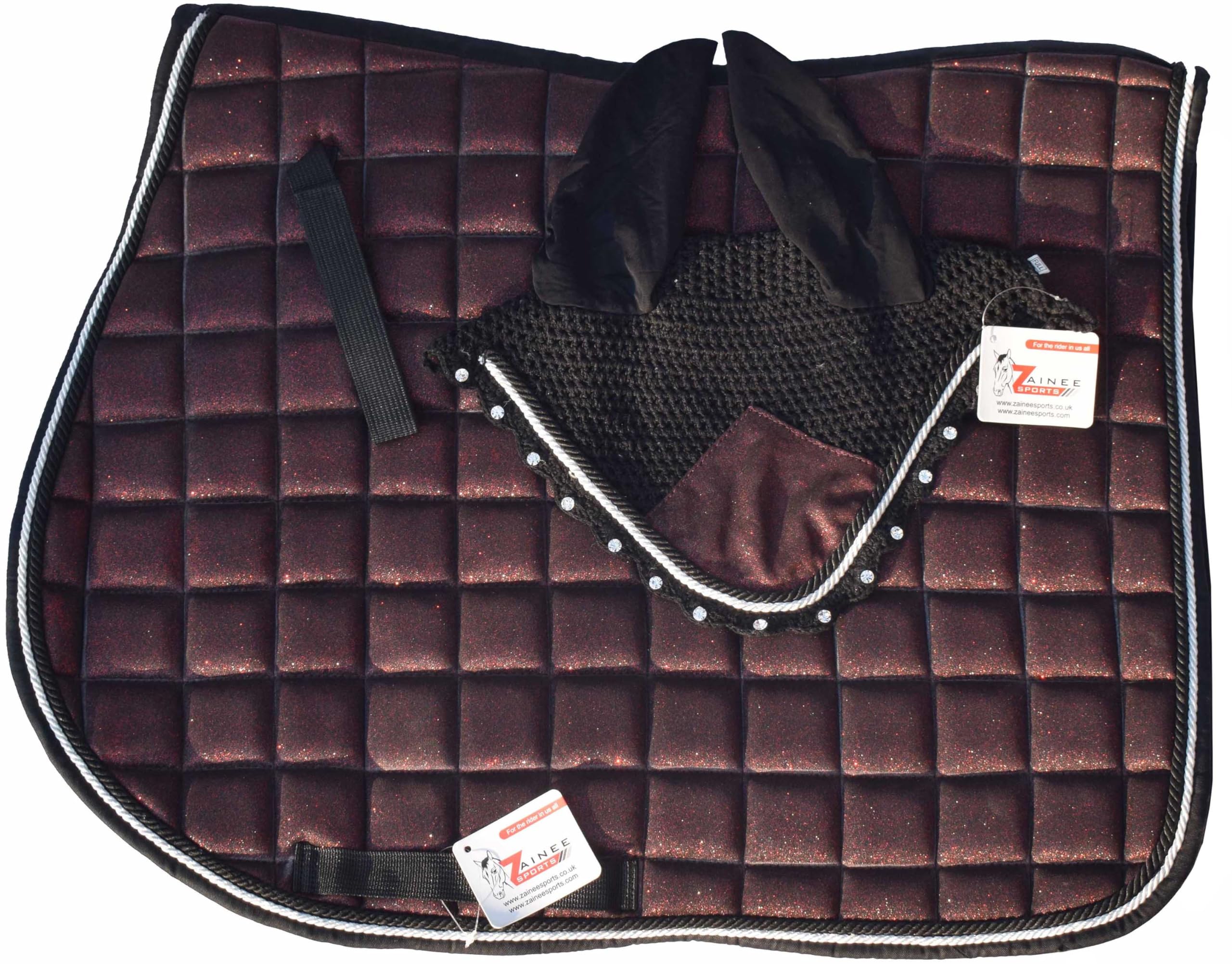 ZAINEE SPORTS Burgundy Glitter Saddle Pad Set Matching Ear Bonnet | Equestrian Show Gear | Horse Riding Matchy Set | Dressage or Jumping/Hunter (Horse/Full)