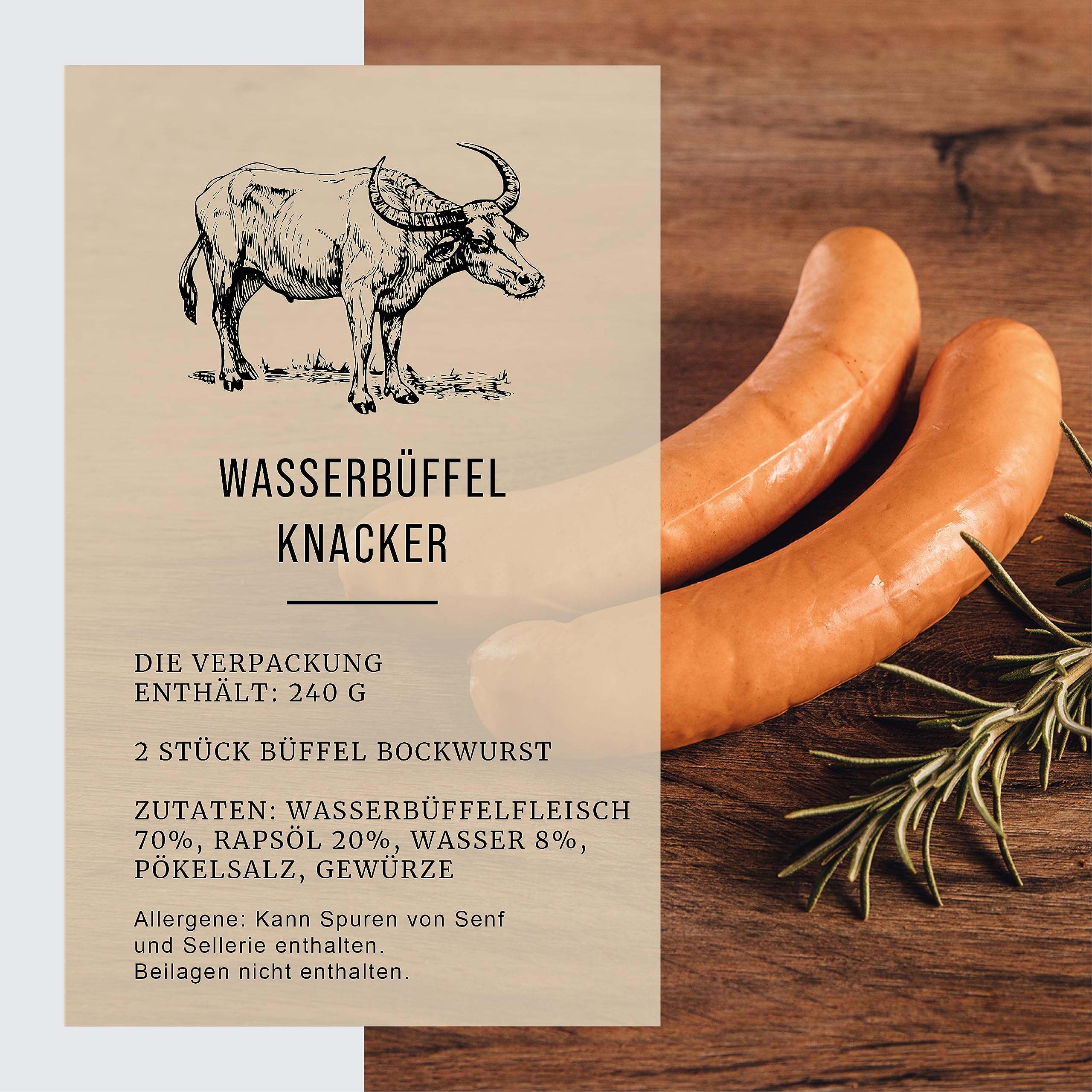 BÜFFEL BILL Büffelknacker 8 Stück á 120g | Knackige Bockwurst aus saftigem Wasserbüffelfleisch nach traditionellem Rezept I Kräftiger Geschmack & würziges Aroma