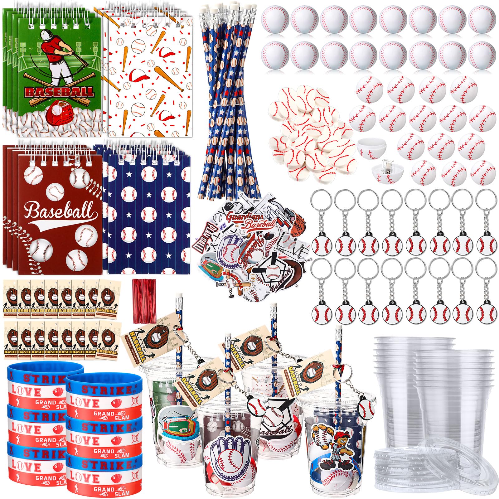 Colarr 195 Pcs Baseball Birthday Gifts Party Favors Gift Cups Pencils Mini Book Keychains Wristbands Stickers Thank You Cards Eraser Sharpener Mini Ball for Basketball Football Soccer Party