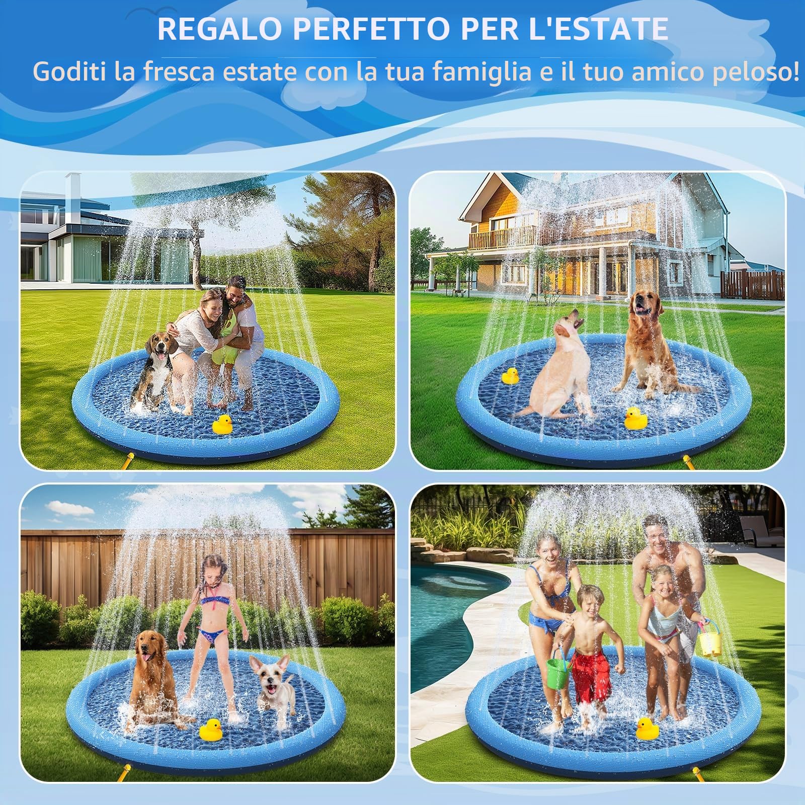 YAUNGEL Tappetino Spruzzi per Cani, 170cm/67in per cani pieghevole durevole e ispessito da 0,55 mm, giochi d'acqua all'aperto per cani, piscina gonfiabile per cani, Blu