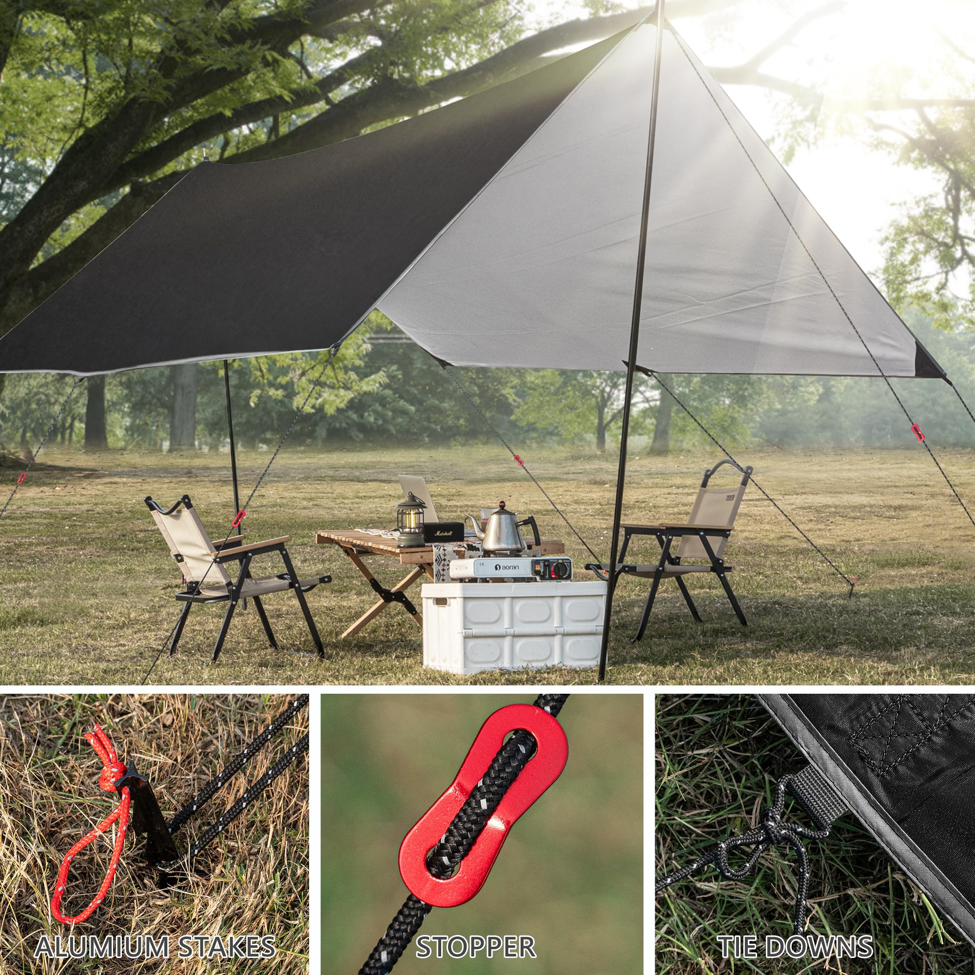IEE ILULU Toldo de Refugio Camping, 3x3m Tiendas de Campaña, Tarp Impermeable Exterior, Anti-Viento Toldos con 6 Estacas y 6 Cuerdas para Piscina Jardín Pesca Senderismo Mochila (Negro, 3x3m)