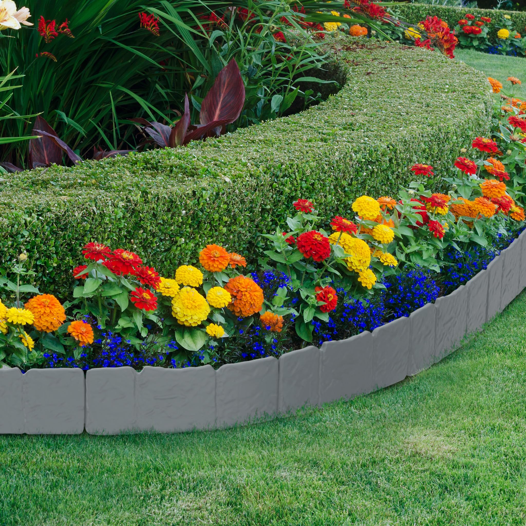 SUBTLETY Rasenkante Kunststoff 20m für Harten Steinigen Boden, Flexibel Beeteinfassung mit Bodennägeln 10cm Höhe Steinoptik Beetumrandung für Garten (Grau)