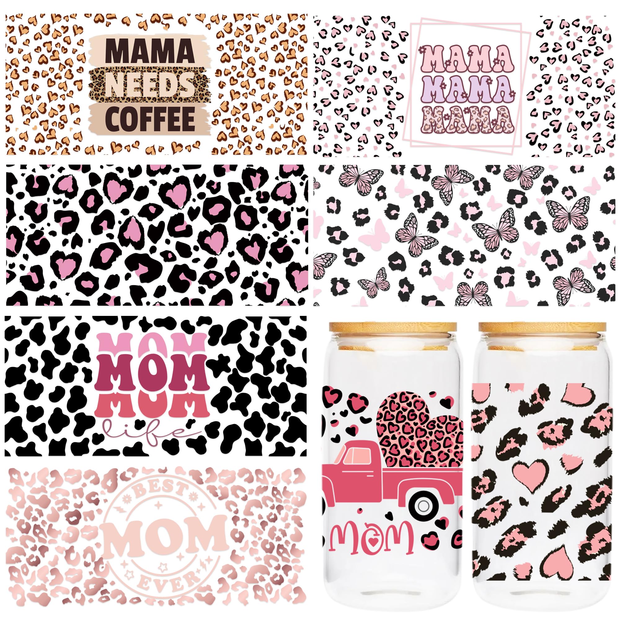 UV DTF Cup Wrap Transfer - 8 Sheets Boho Mama UV DTF Transfer Stickers for 16 OZ Glass, Best Mom Ever, Leopard Print, Cow Print, Love Heart, Trunk, Butterfly Design Rub Decal, Mama Gift