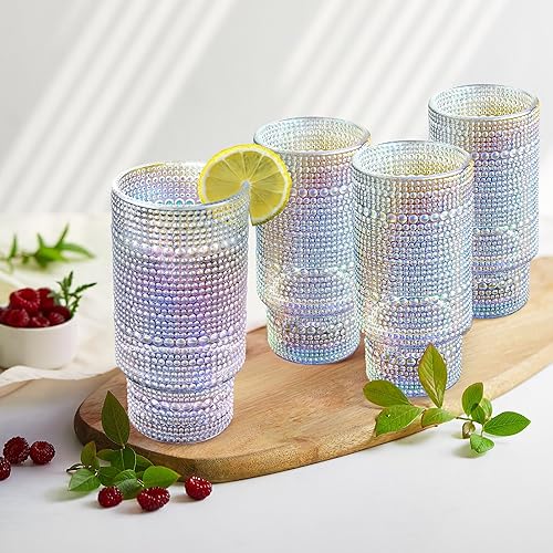 Miniatura 3 de Joeyan Vasos de agua iridiscentes, vintage en relieve, apilables, románticos, juego de cristalería transparente con arco iris, bola alta con cuentas