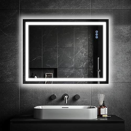 Antok 24"x 36" LED Bathroom Mirror with Lights, Anti-Fog, Dimmable, Lighted Vanity Mirror with Tempered Glass, Memory Function, 3 Light Modes, Safe Use, Horizontal, Vertical