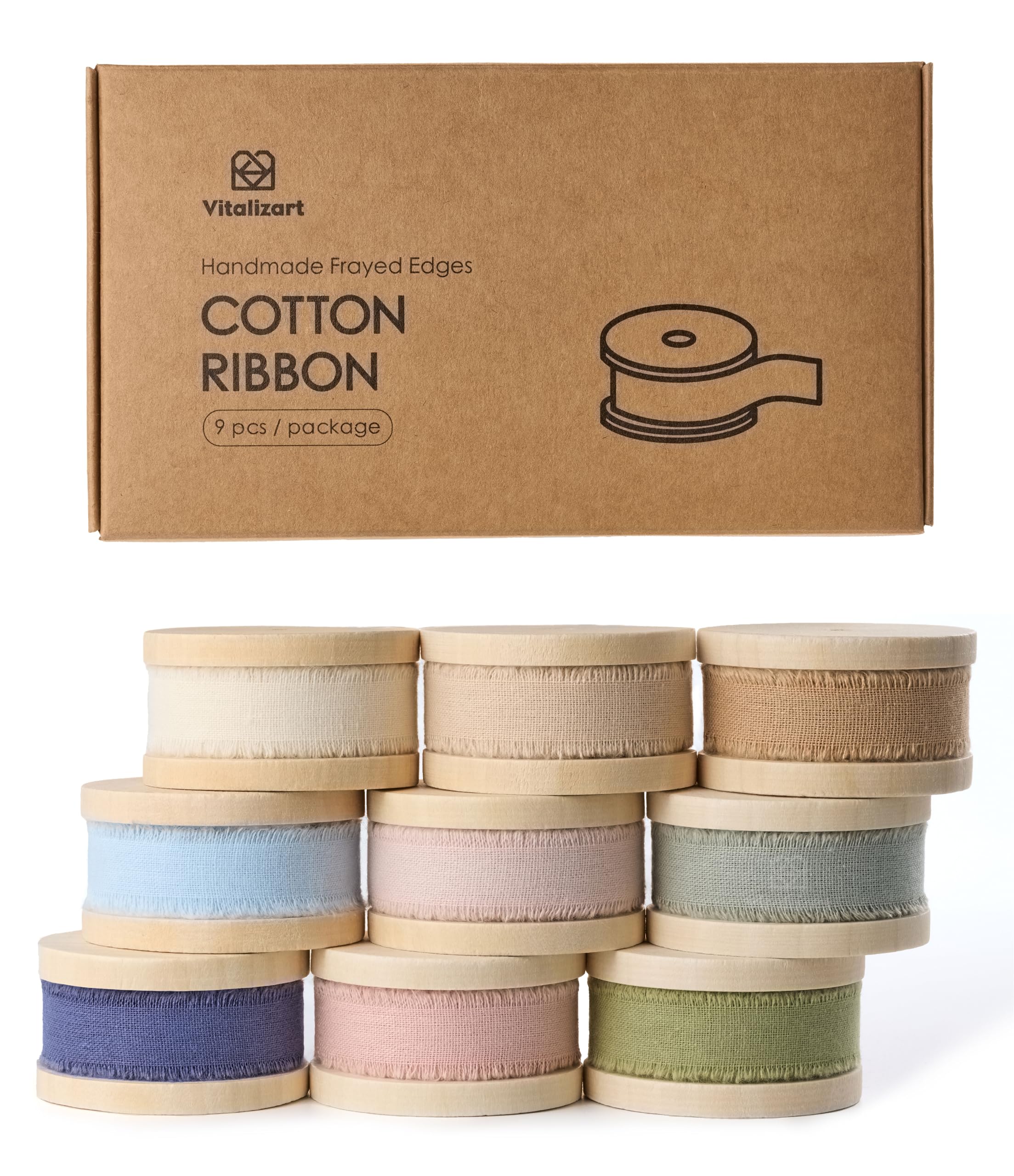 Vitalizart Natural Cotton Ribbon 5/8" x 63Yd Mixed 9 Colours, 9 Rolls*7Yd Handmade Fringe