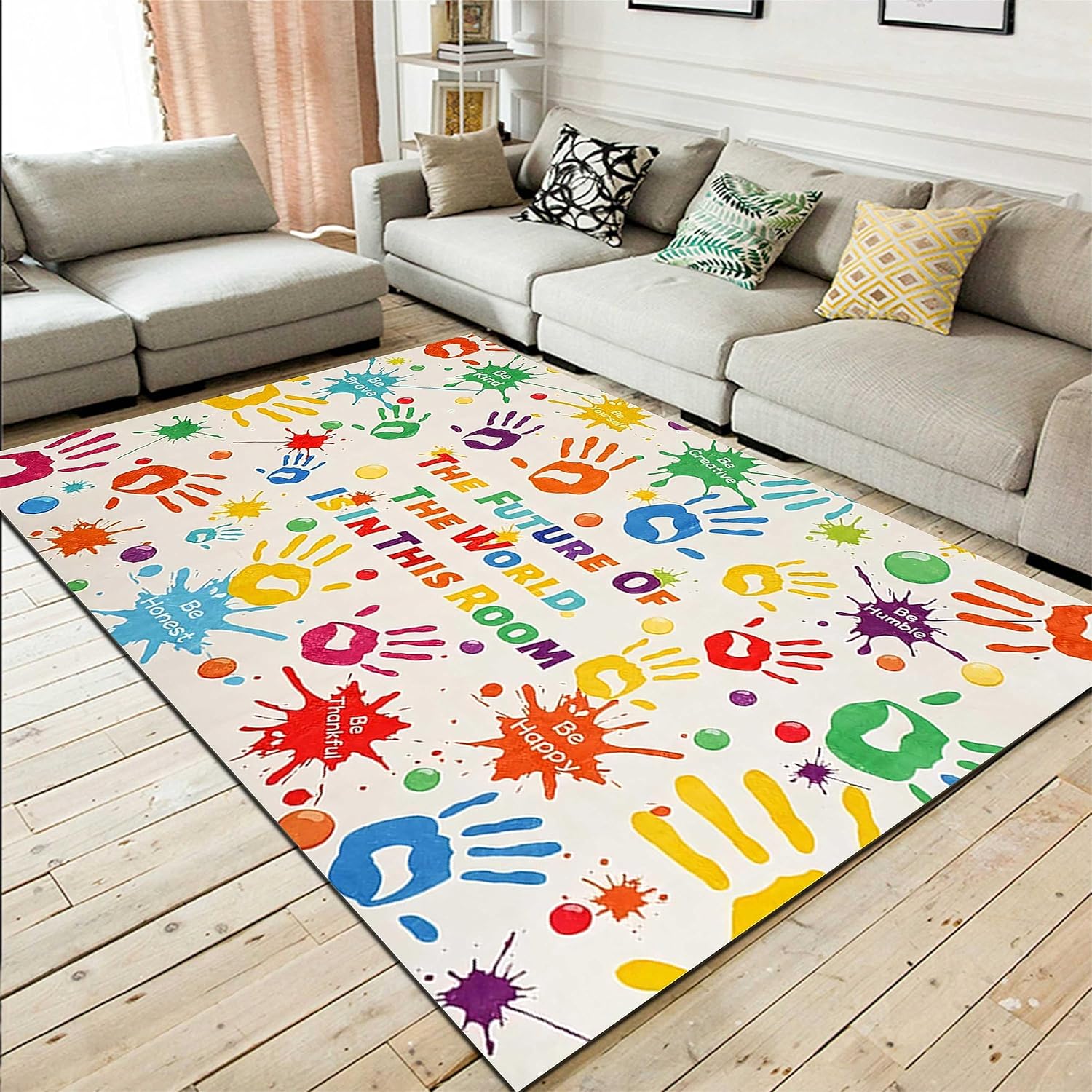 Colorful Kids Area Rug, 5x8ft, Handprints Footprints and English Letter Print Design