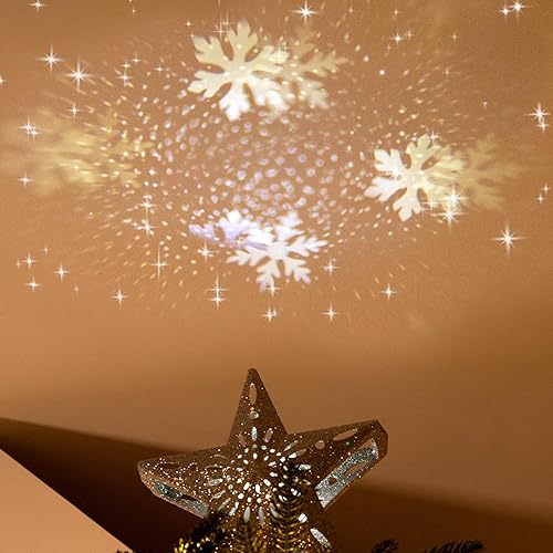 Miniatura 2 de Valery Madelyn Decoración para árbol de Navidad iluminada con luces LED giratorias de copos de nieve, estrella plateada con proyección de luces