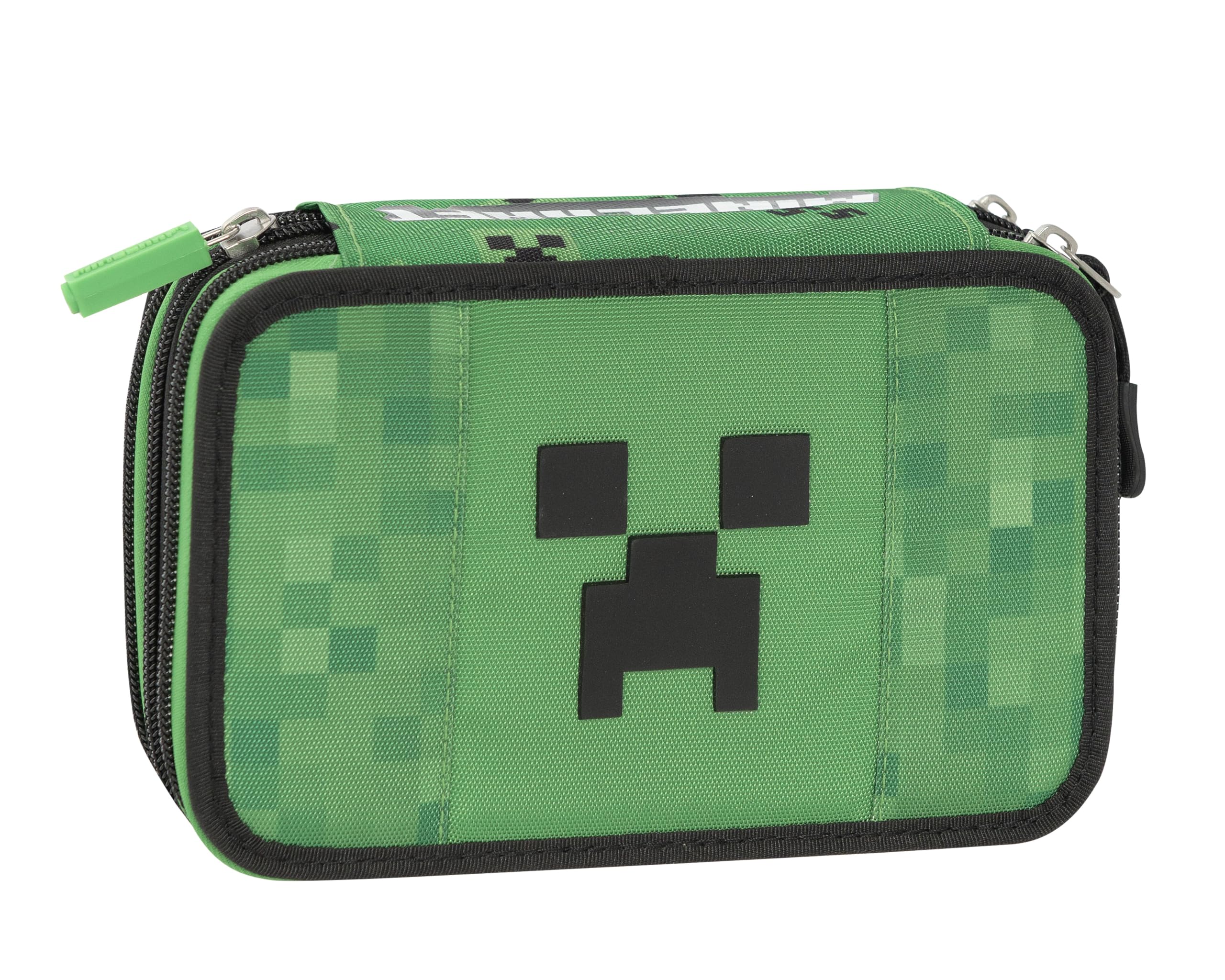 Minecraft – Estuche escolar oficial Minecraft, estuche con 3 compartimentos para niño y niña con juego de papelería, bolígrafos borrables Frixion y práctico cierre de cremallera, 20 x 13 x 7 cm, verde
