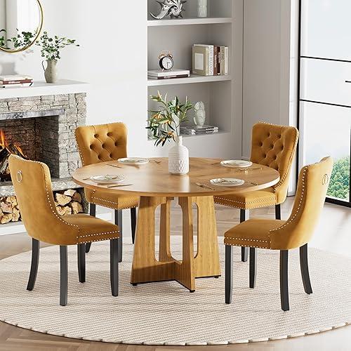 Miniatura 10 de Juego de mesa de comedor redonda de 47 pulgadas para 4, mesa de cocina de mármol sintético blanco circular con 4 sillas de comedor tapizadas de Mesa