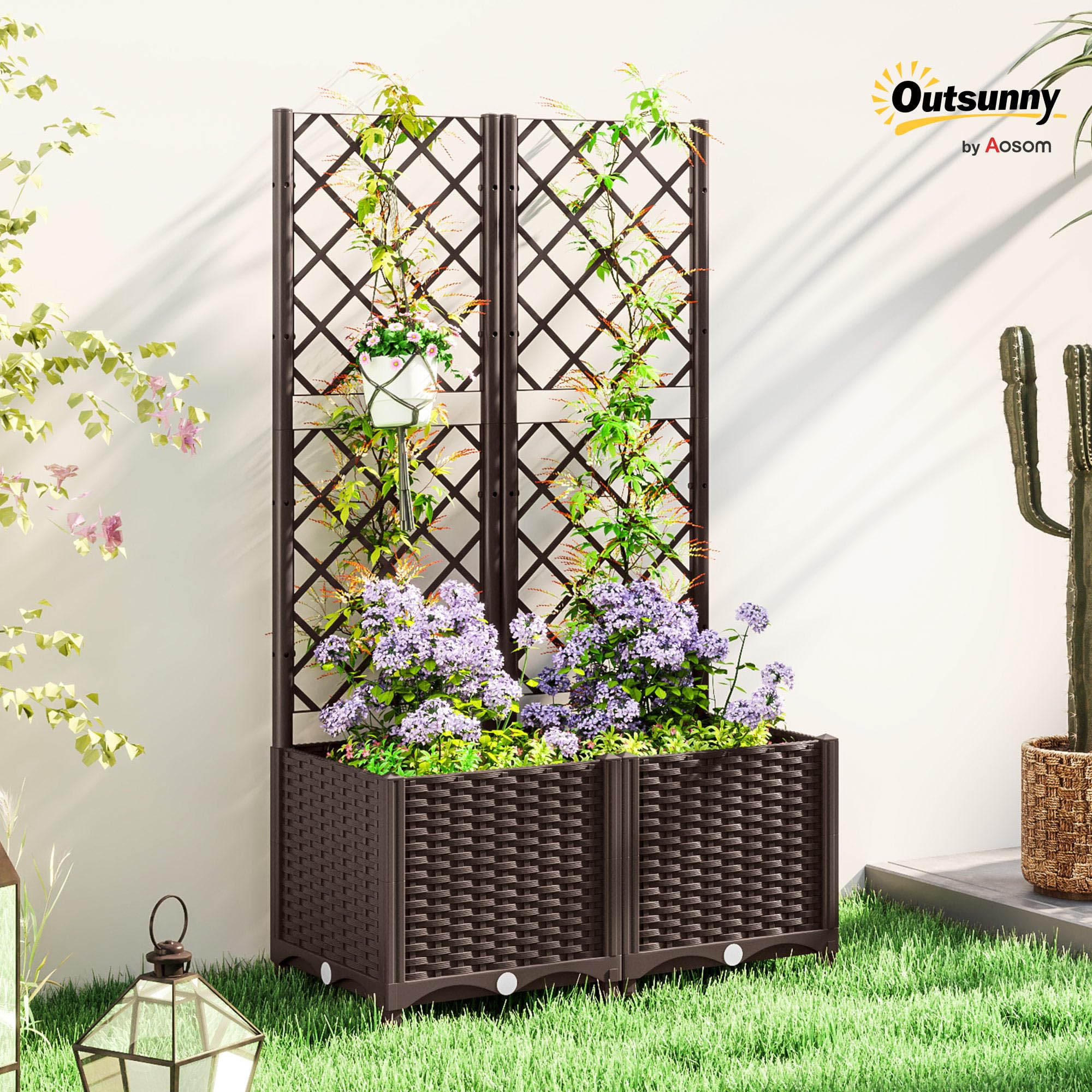 Outsunny Letto per Orto Rialzato da Esterno in PP 80x40x135 cm Marrone | Grigliato, 6 Fori di Drenaggio, Fioriera da Esterno per Piante Rampicanti, per Fiori e Verdure, per Giardino e Balcone