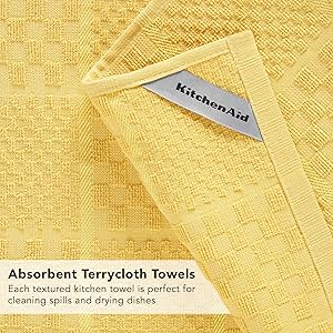 KITCHENAID Quilted Cotton Terry Cloth Oven Mitt, Pot Holder, Kitchen Towel 4-Pack Set, Heat Resistant, Silicone Grip, 16"x26", 7"x13" & 7"x10", Butter Yellow