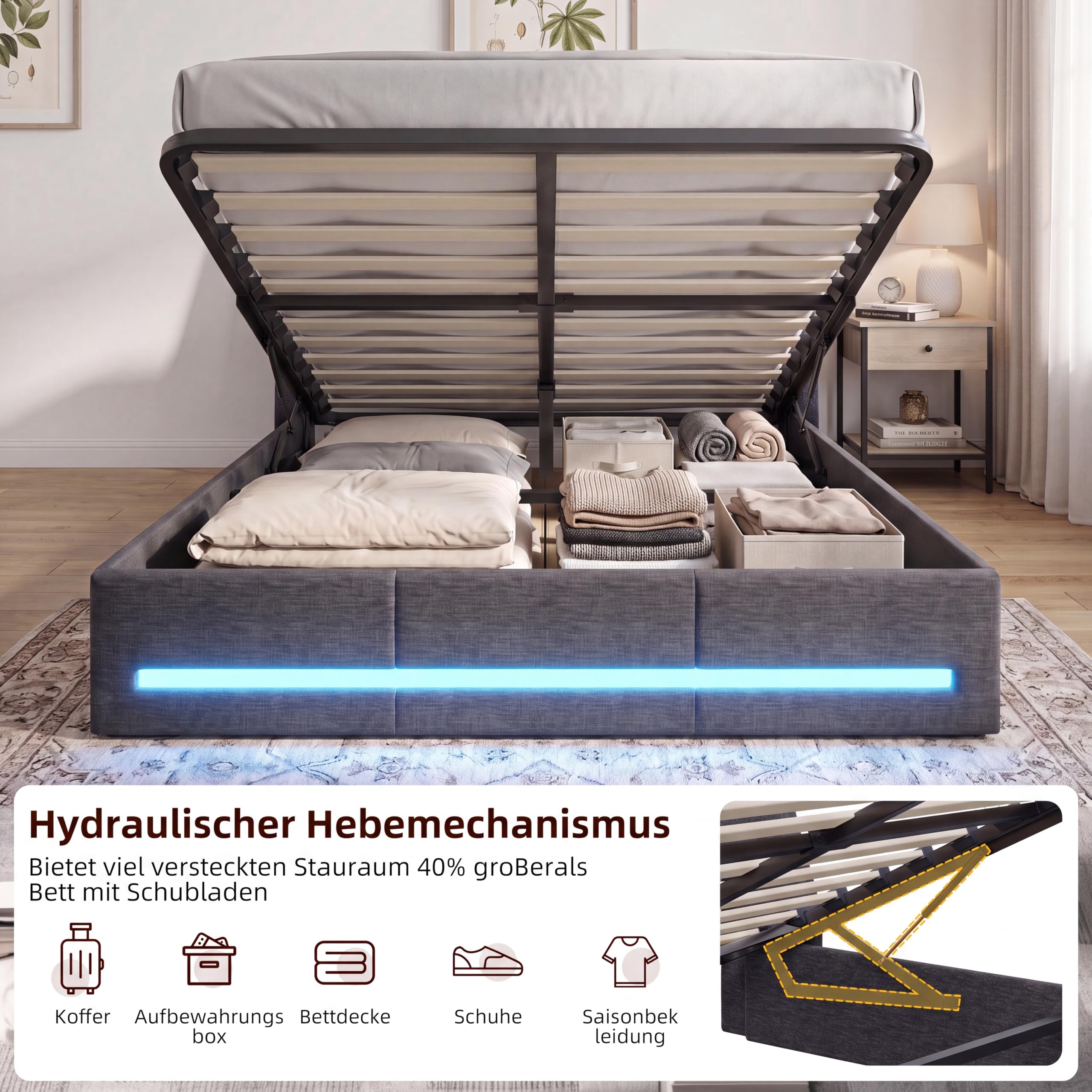 Cama tapizada para cama doble de 140 x 200 cm con LED, cama hidráulica con espacio de almacenamiento, cabecero con LED y USB tipo C, estructura de cama juvenil con cajón y somier, lino, gris, sin