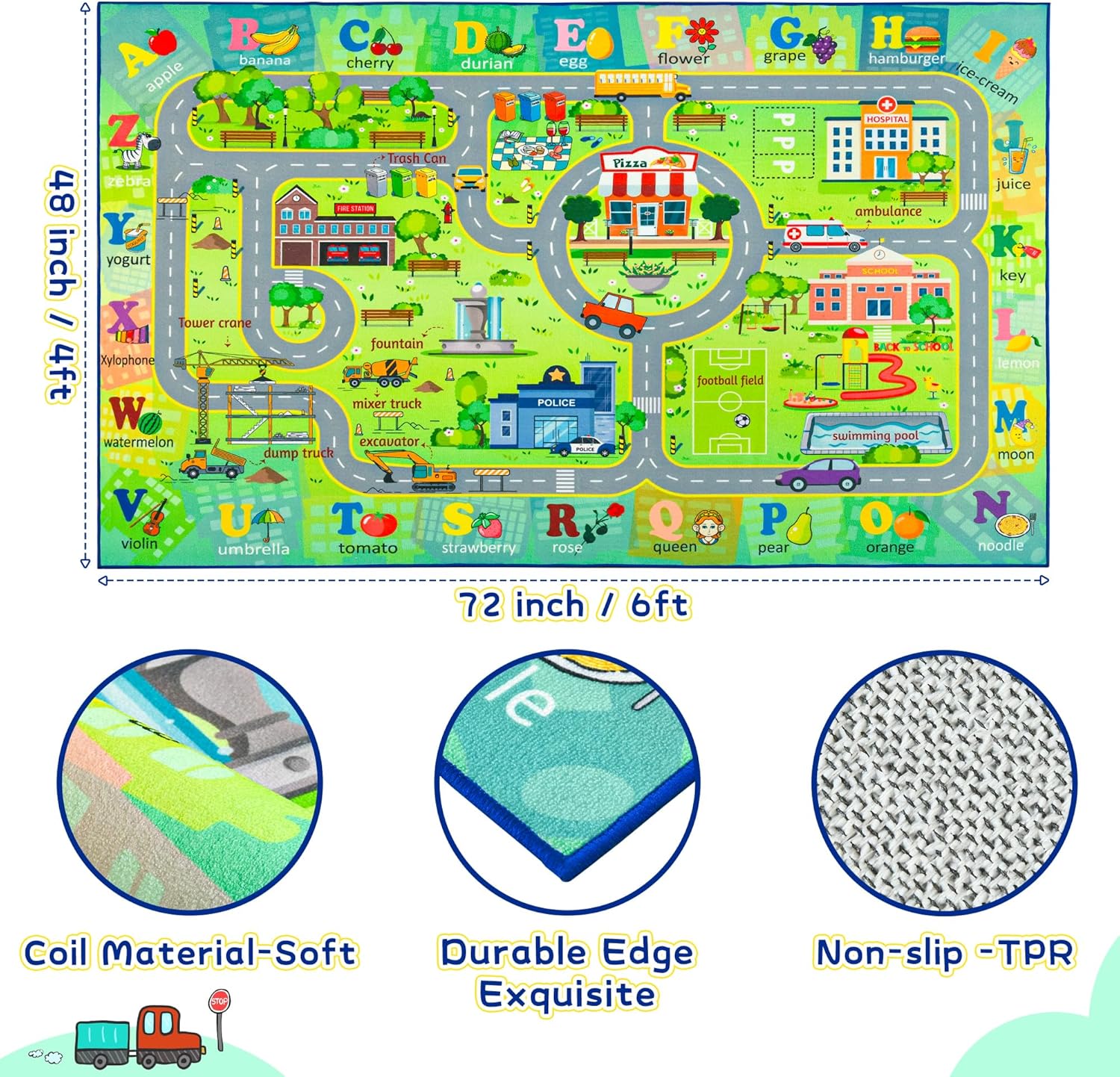 Chicrug 4x6 Car Road Area Rug for Kids Playroom Bedroom, Non Slip Low Pile Washable ABC Alphabet Carpet for Classroom, Track Play Mat for Toddler Children Nursery Baby Room Decor, Green