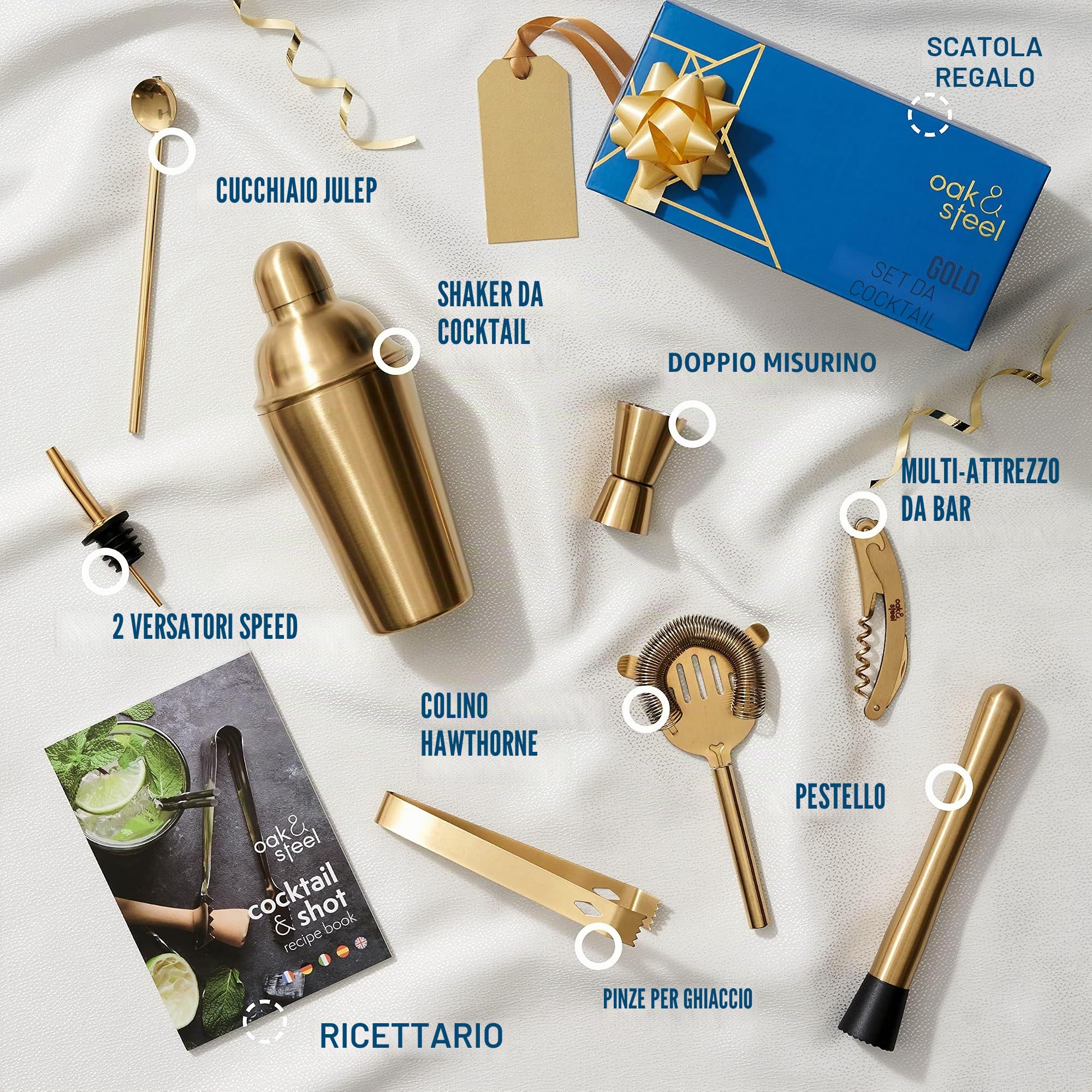 Set Barman da 10 Pezzi Professionali : Shaker in Acciaio Inossidabile, Versatore, Pestello e Ricettario per Creare Cocktail da Maestro