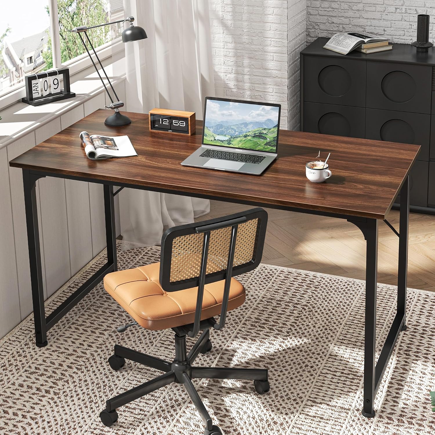  Computer Desk, 48 Inch Office Desk, Gaming Desk with Storage, Writing Desk Work Desk for Home Office, Study, Modern Simple Desk, Large Legroom, Metal Frame, Walnut thumbnail