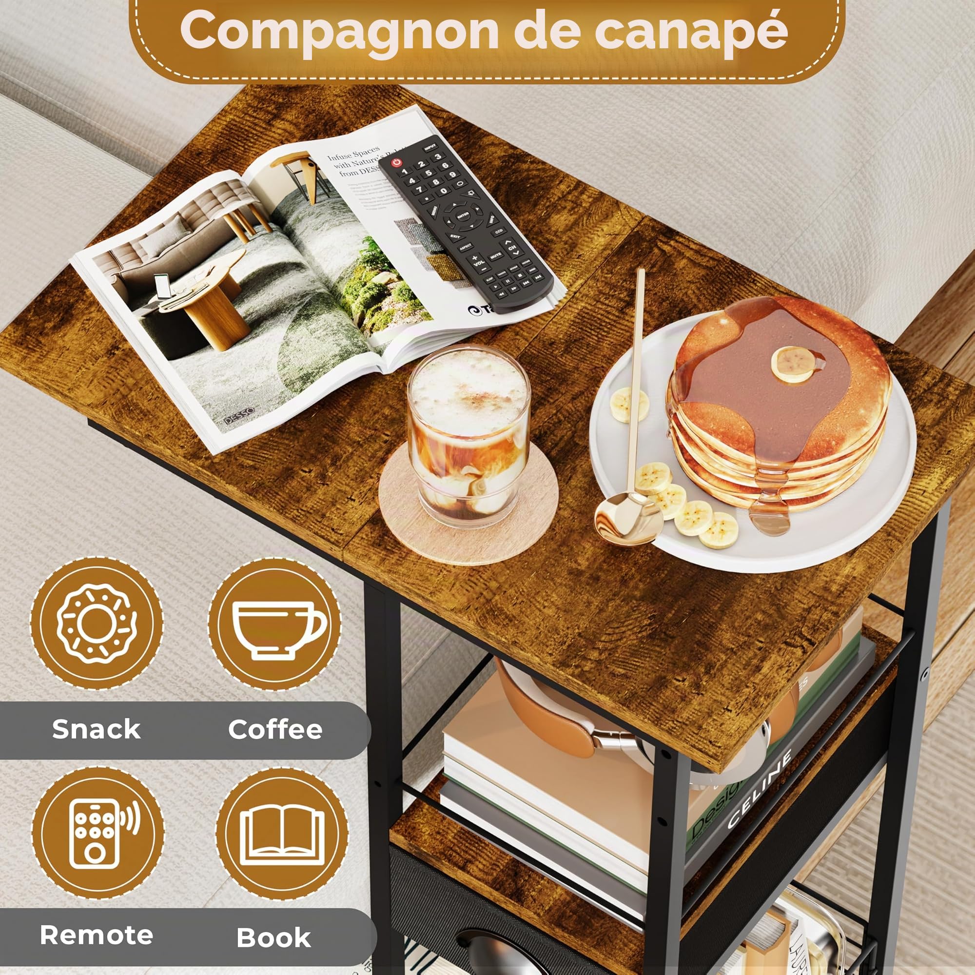Sonyabecca Table d'appoint en C avec roulettes, Table de Chevet avec tiroir pour lit ou canapé, Table Basse avec Structure en métal, Table pour Salon, Chambre ou Bureau à Domicile