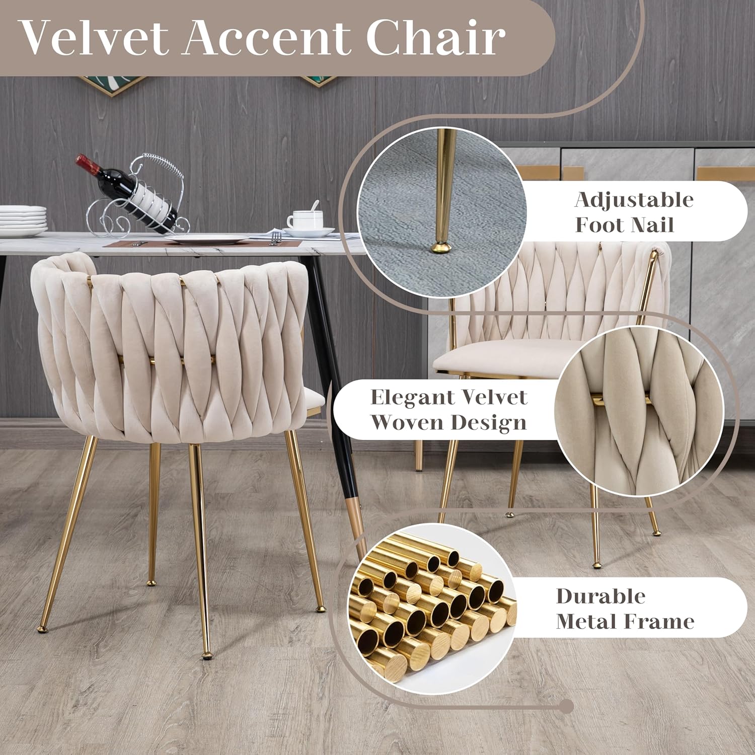 Gold Glass Round Dining Set for 4, 36'' Modern Minimalist Luxury Circle Dinner Room Set, 5 Piece Clear Glass Circular Kitchen Table with Ivory Woven Chair Set, for Small Apartment Home