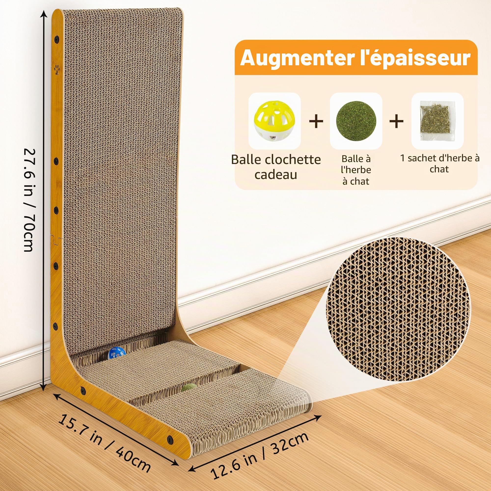 Griffoir pour Chat - Grattoir Chat 70 cm en Forme de L avec Jouet - Tapis à Griffes en Carton Ondulé Haute Densité - pour Mur et Canapé
