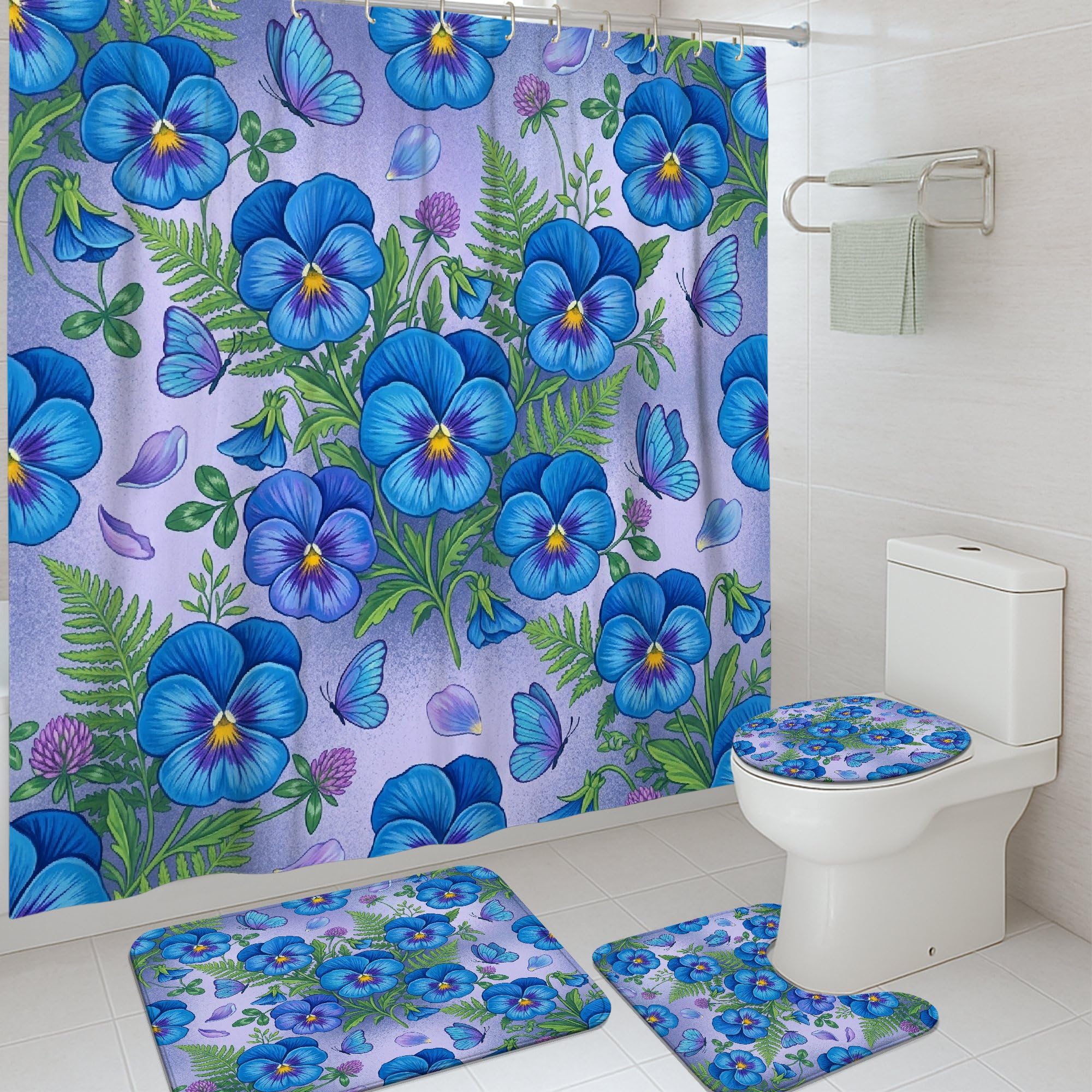 Rideau de douche nature fougère et papillon avec tapis pour décorer une chambre d'amis