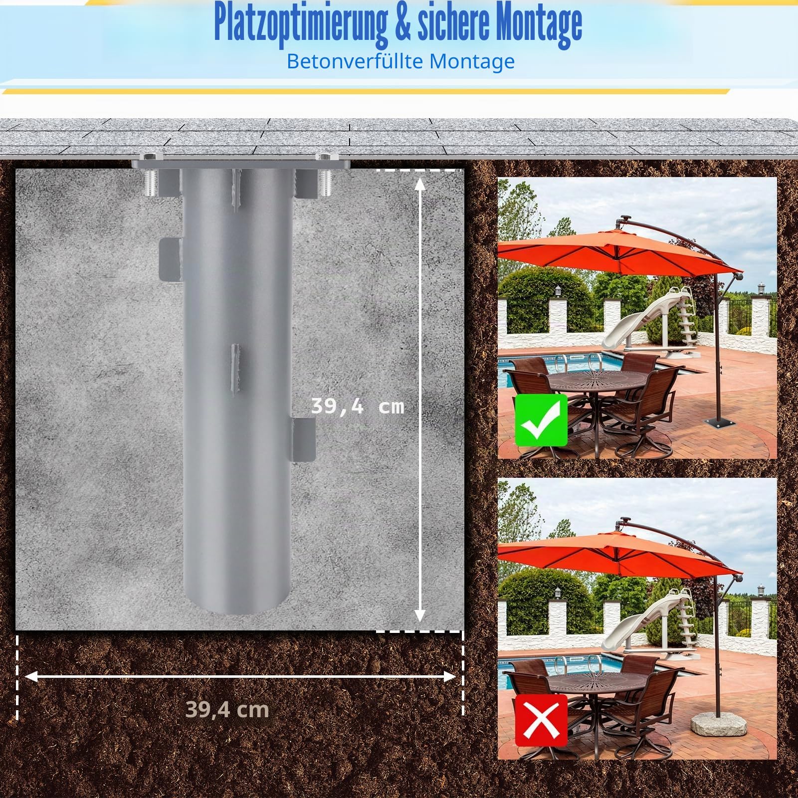 SLIIMU Universal Metall Bodenplatte für Ampelschirme, Sonnenschirmständer für Sonnenschirm, Bodenhülse für Kurbelschirm, Sonnenschirm-Schirm-Ständer, zum Einbetonieren (Silber-2)