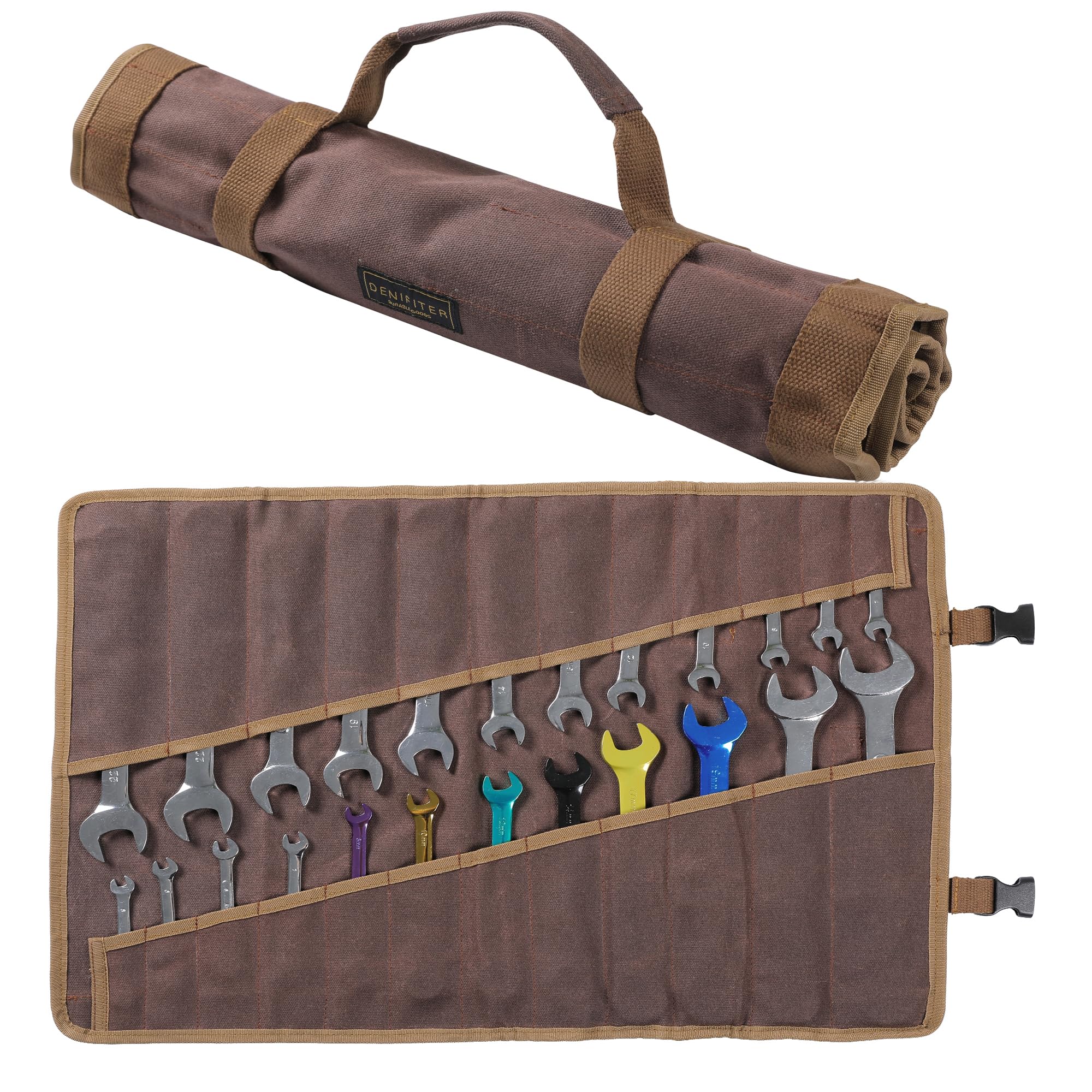 Wrench Roll Up Organizer Pouch,Heavy Duty 16oz Waxed Canvas Tool Bag, 24 Pockets Tool Roll Bag with Buckle | (L) 21.5" X (W) 16.5"