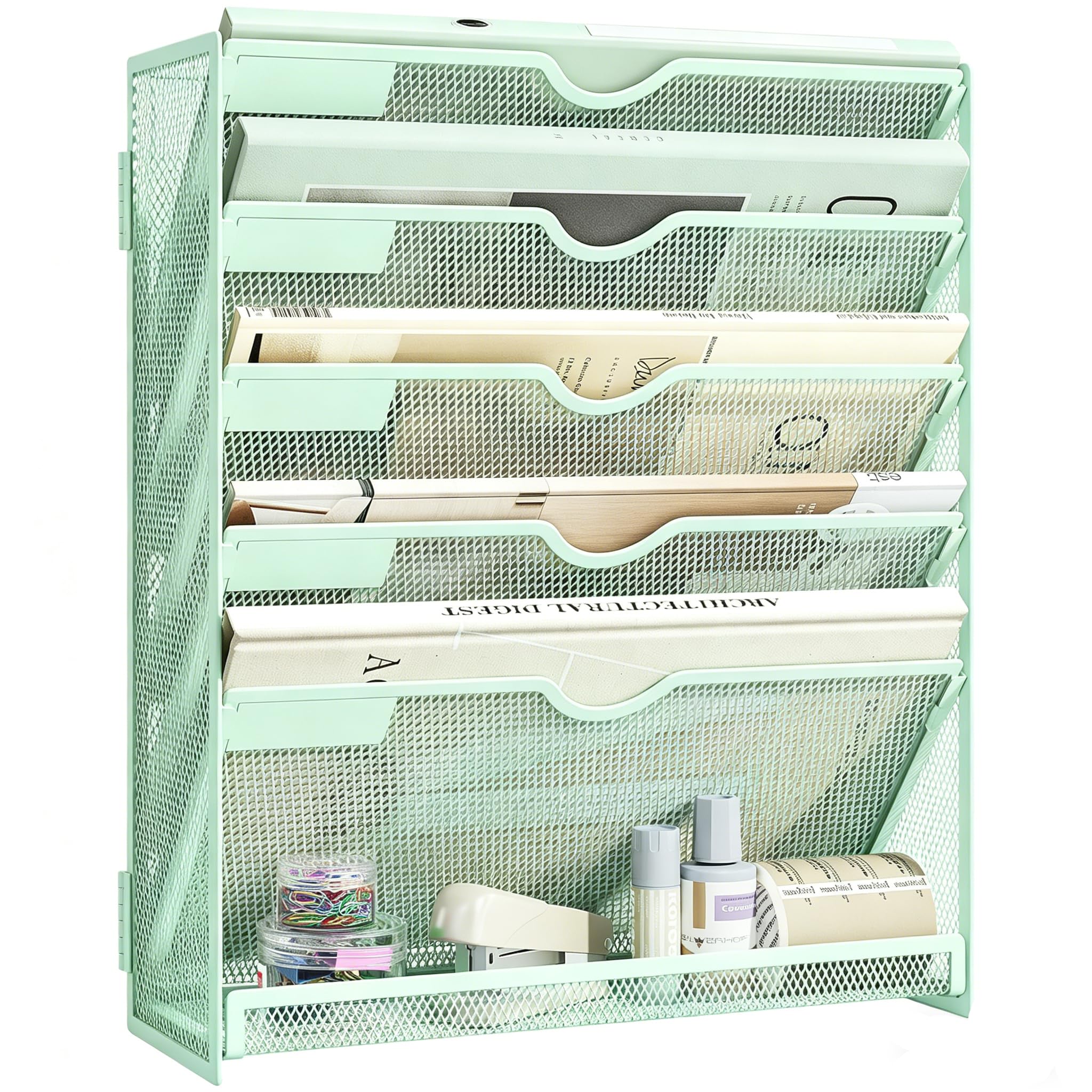 VITVITI File Organiser, 6-Tier A4 Wall Mounted Magazine File Holder for Mails Folders Papers, Vertical Document Organiser for Office Home - Light Mint Green