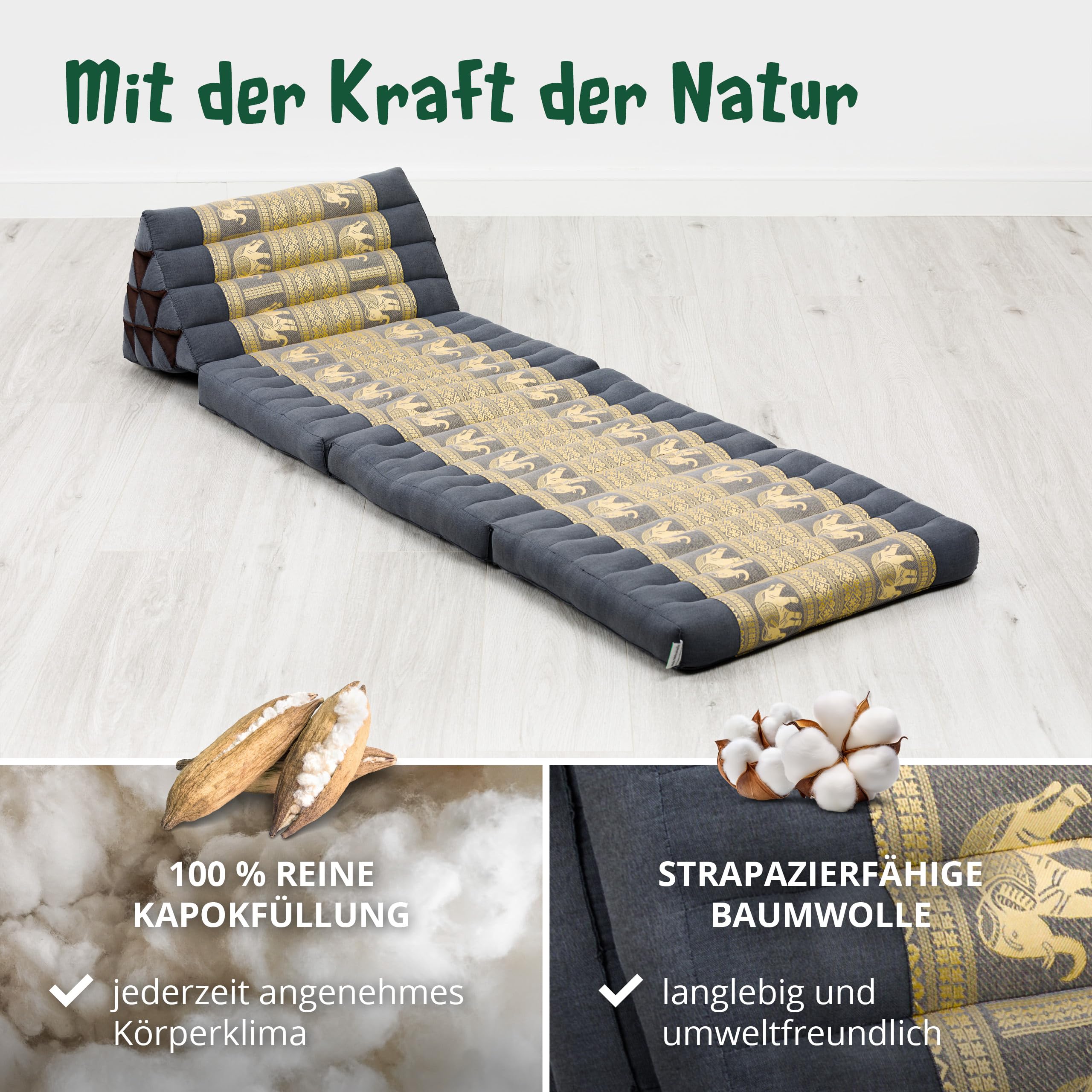 livasia Thaikissen 3 Auflagen Thaiseide - 175x55x8cm - Dreieckskissen mit Klappmatratze, Rückenkissen faltbar, Thaimatte zum Klappen, Kapok handgefertigt, Meditationskissen (Grau/Elefanten Seide)