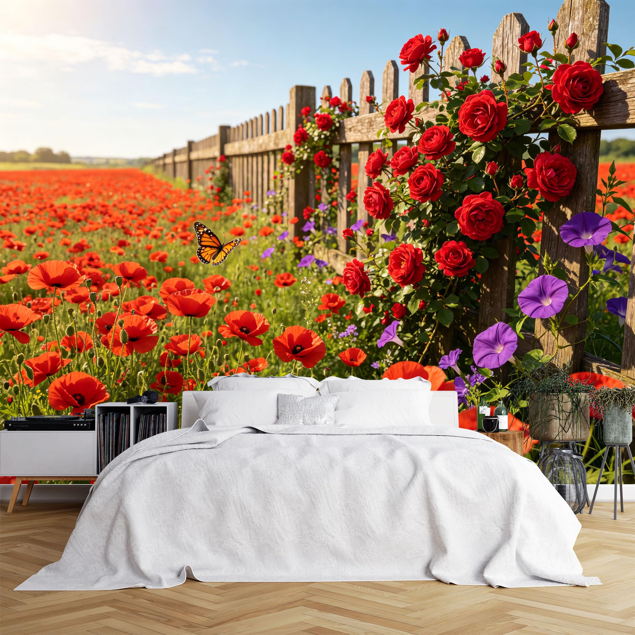 Lcythiazole Ch260615102 Custom Size Wall Murals Poppy Rose Fence Butterfly Garden Wall Murals Realistic Floral Wallpaper Wall Stickers Self-Adhesive Removable Wallpaper For Entryway Sunroom