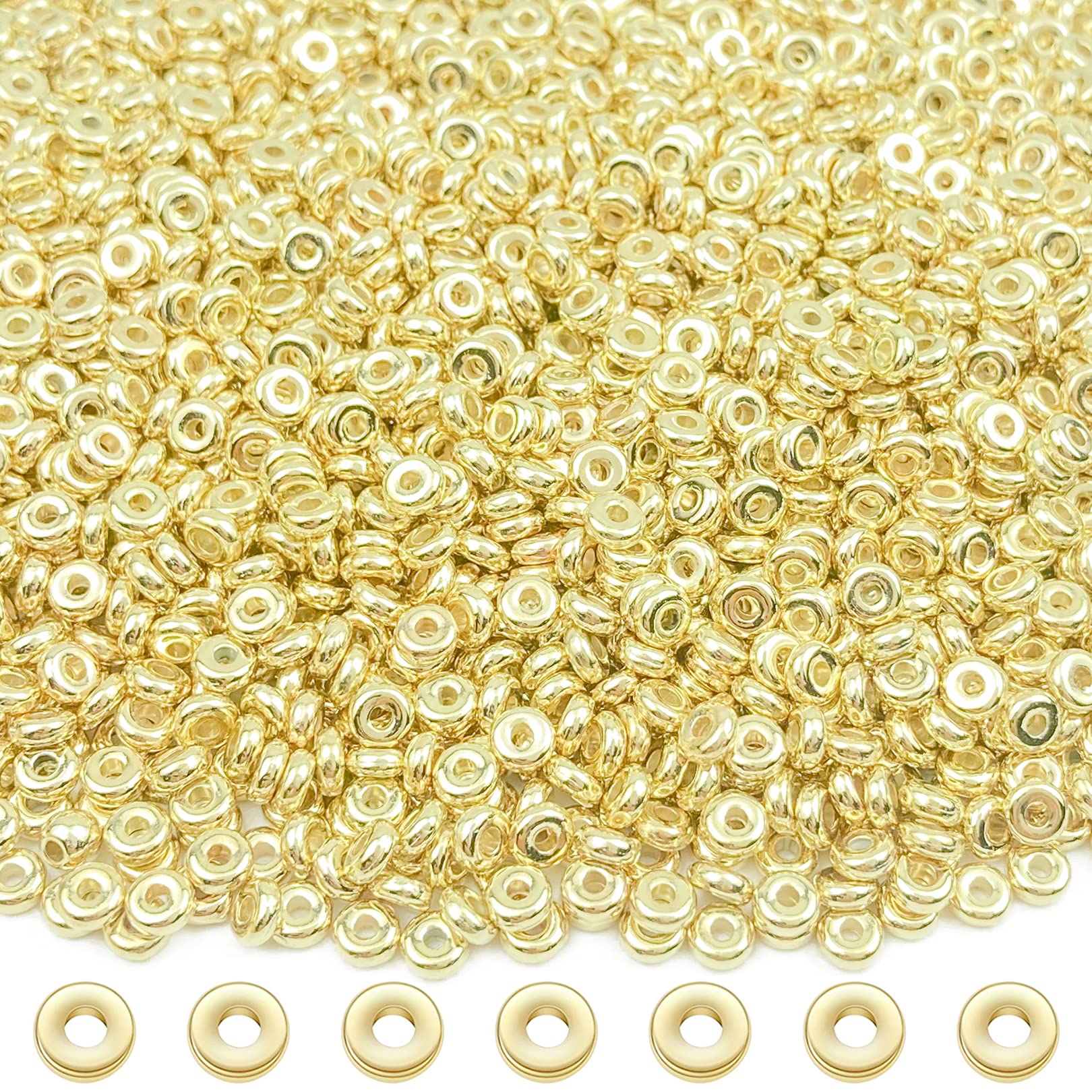 Mulutoo 2000pcs 4mm Flat Round Disc Rondelle Spacer Beads CCB Spacer Beads Disc Spacer Loose Beads for Bracelet Necklace Jewelry DIY Crafts Making (Gold, 4mm)