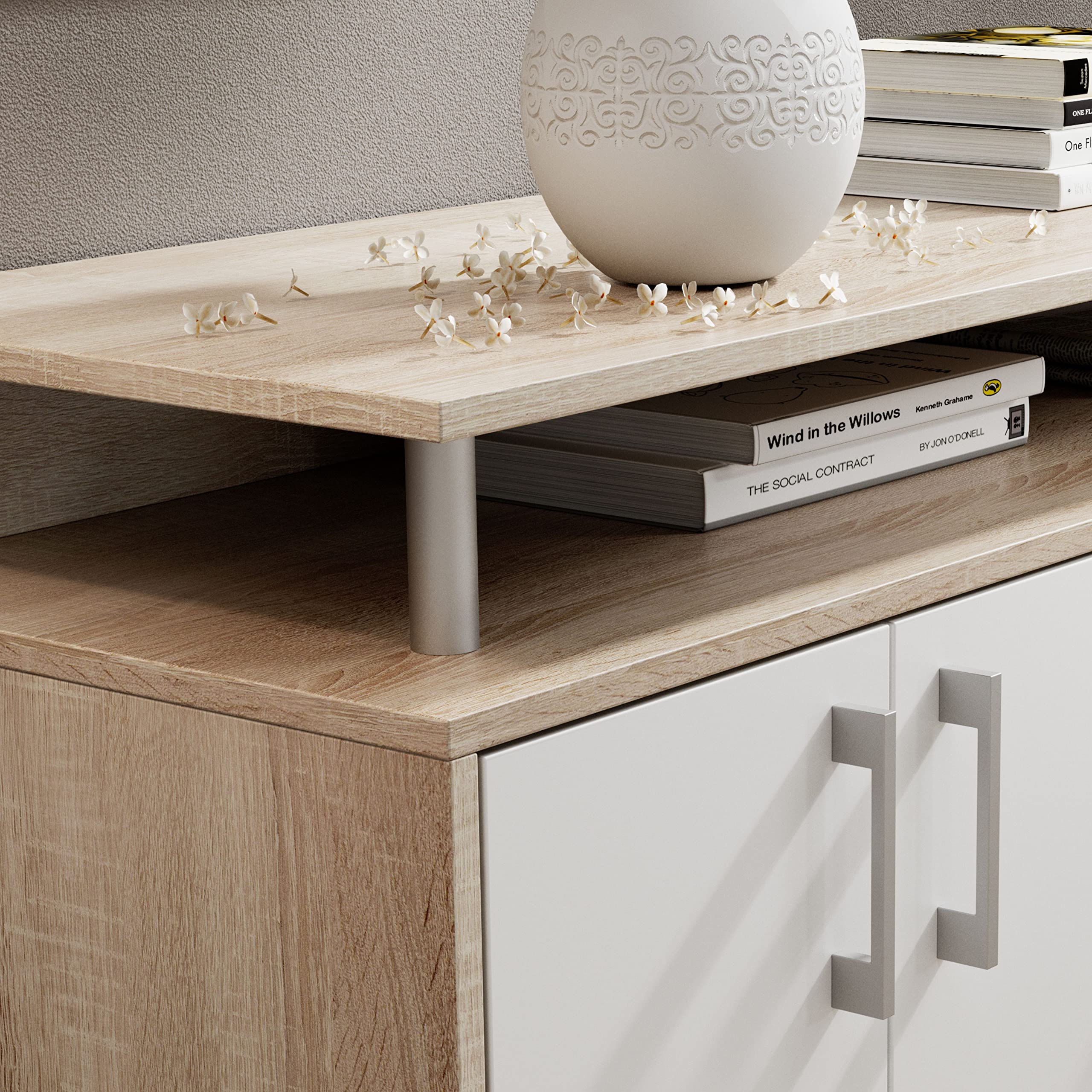 DRIFT, Credenza con ripiano simil rovere sonoma, bianco, elegantea e capiente credenza con cassettiera per la vostra zona giorno; 139 x 90 x 34 cm (L x A x P)