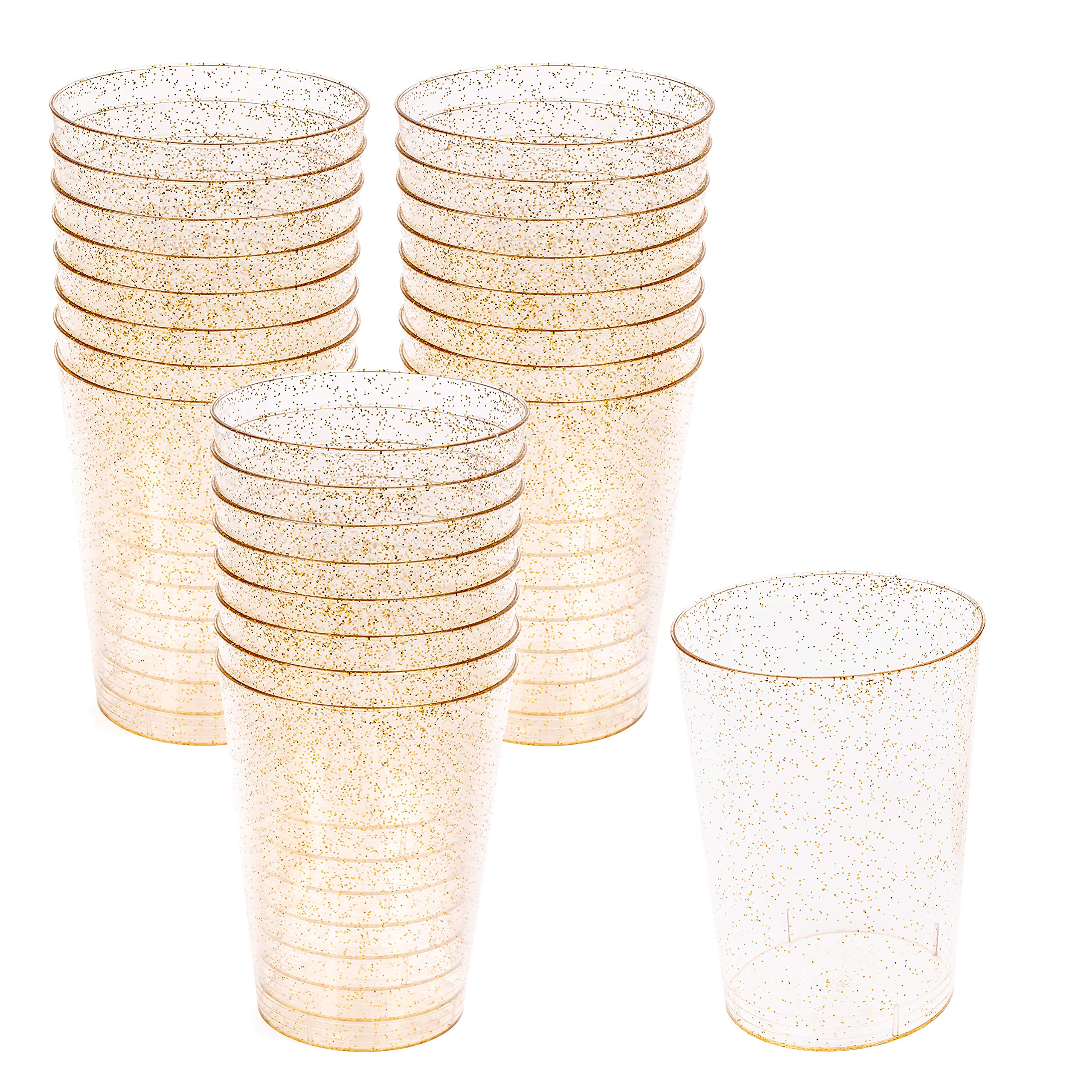 50 Plastic Tumbler Cups with Gold Glitter 300ml, Multi-Use for Garden, Wedding, Anniversary, and Birthday Party