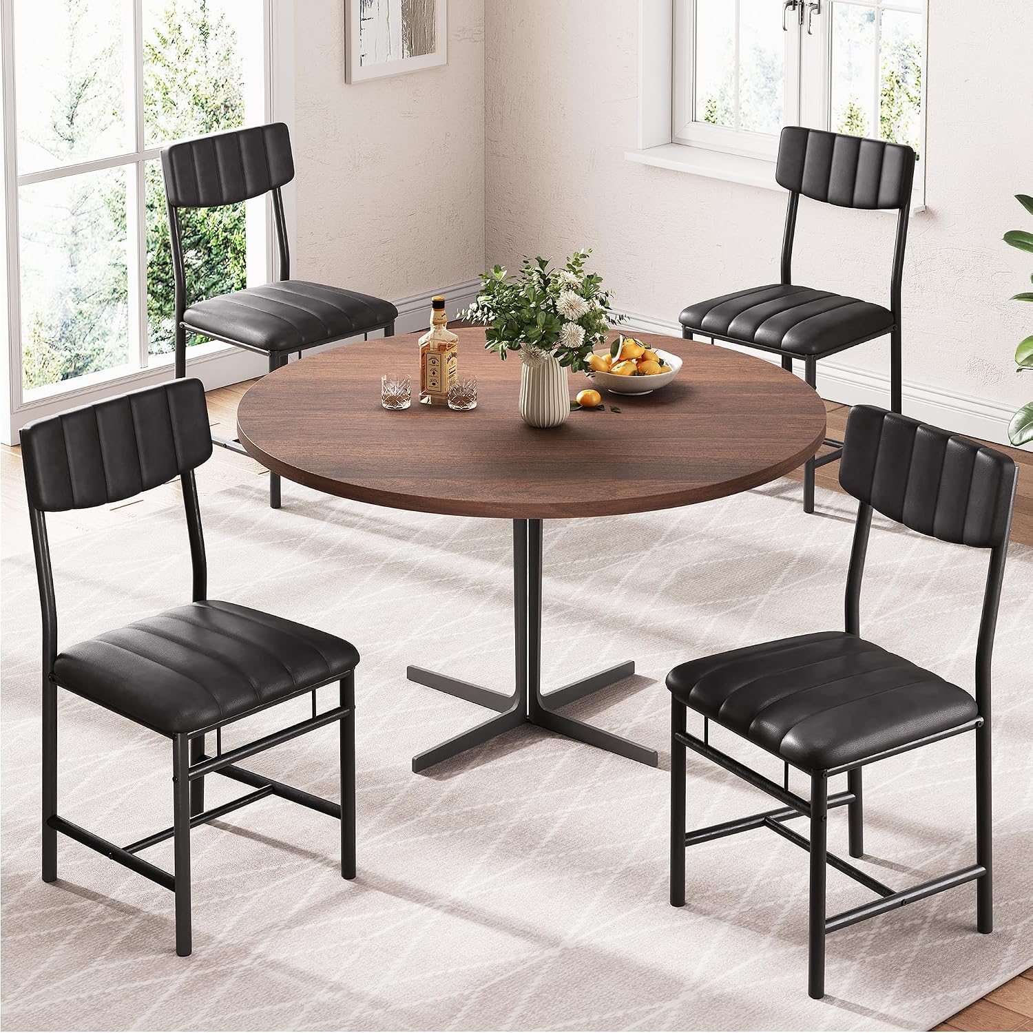 Jocoevol Industrial Dining Chairs Set of 4 - Upholstered Dining Room Chairs with PU Leather, Kitchen Chairs with Wooden Backrest and Thickened Metal Legs, for Dining Room, Living Room