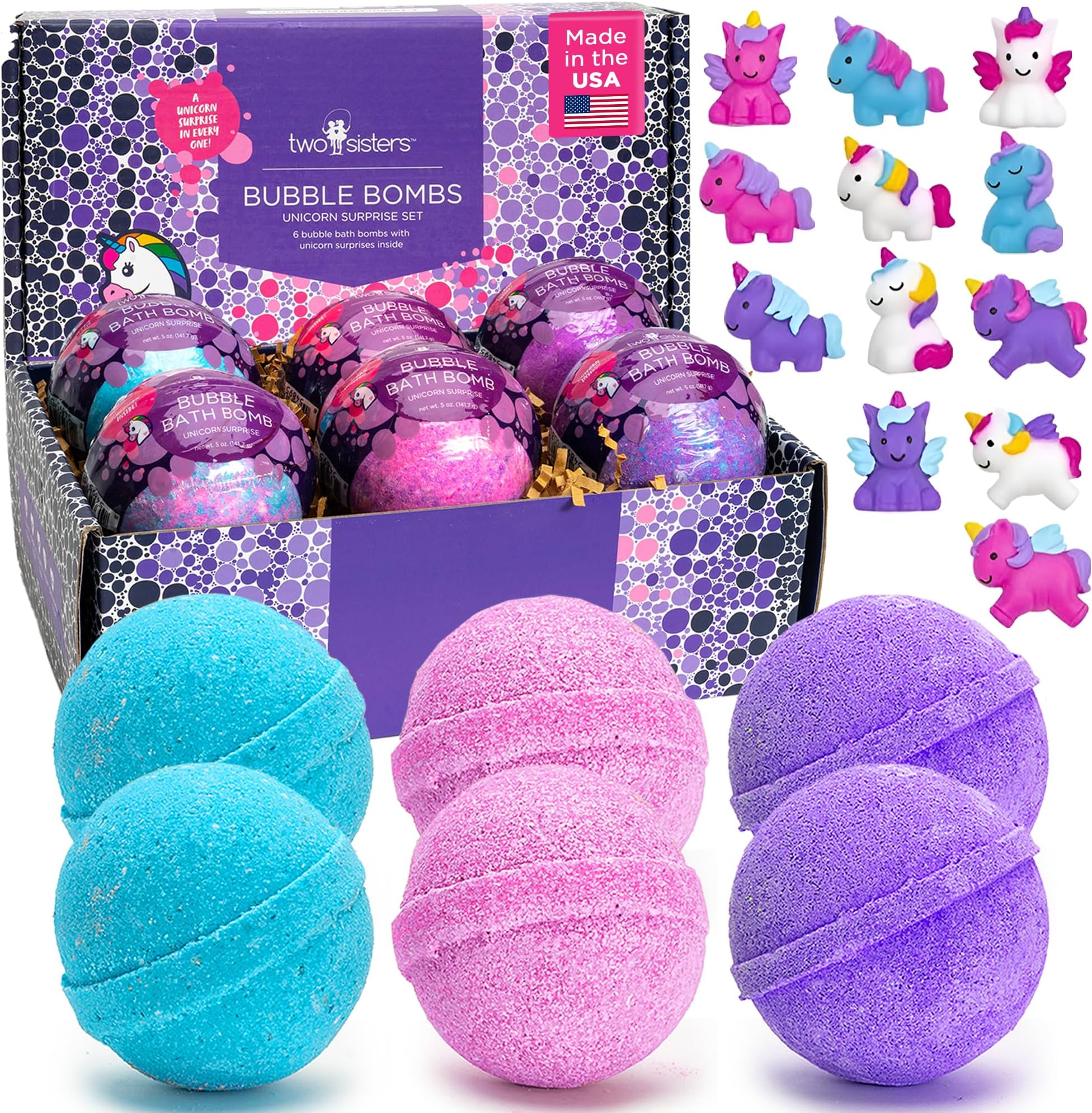 Unicorn Bath Bombs for Girls with Surprise Toys Inside (6 Pack) - Large Bubble Bomb for Kids, Gentle and Safe, Made in USA, Fizzies, Fruity Scents, Won't Stain Tub - Ideal Gift by Two Sisters
