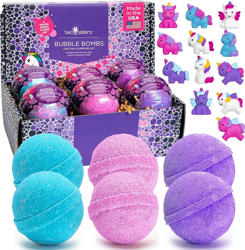Bombas de banho de unicórnio com brinquedos surpresa, Two Sisters, Pacote com 6