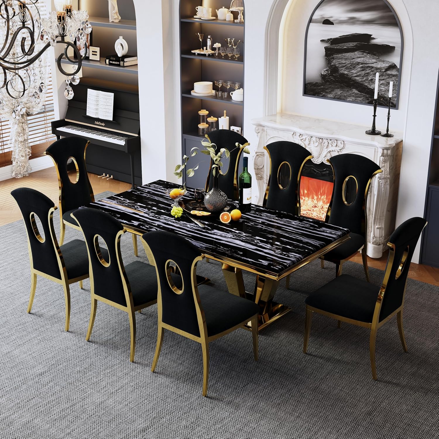 9 Pieces Black Dining Table Set for 8, 78″ Gold Dining Room