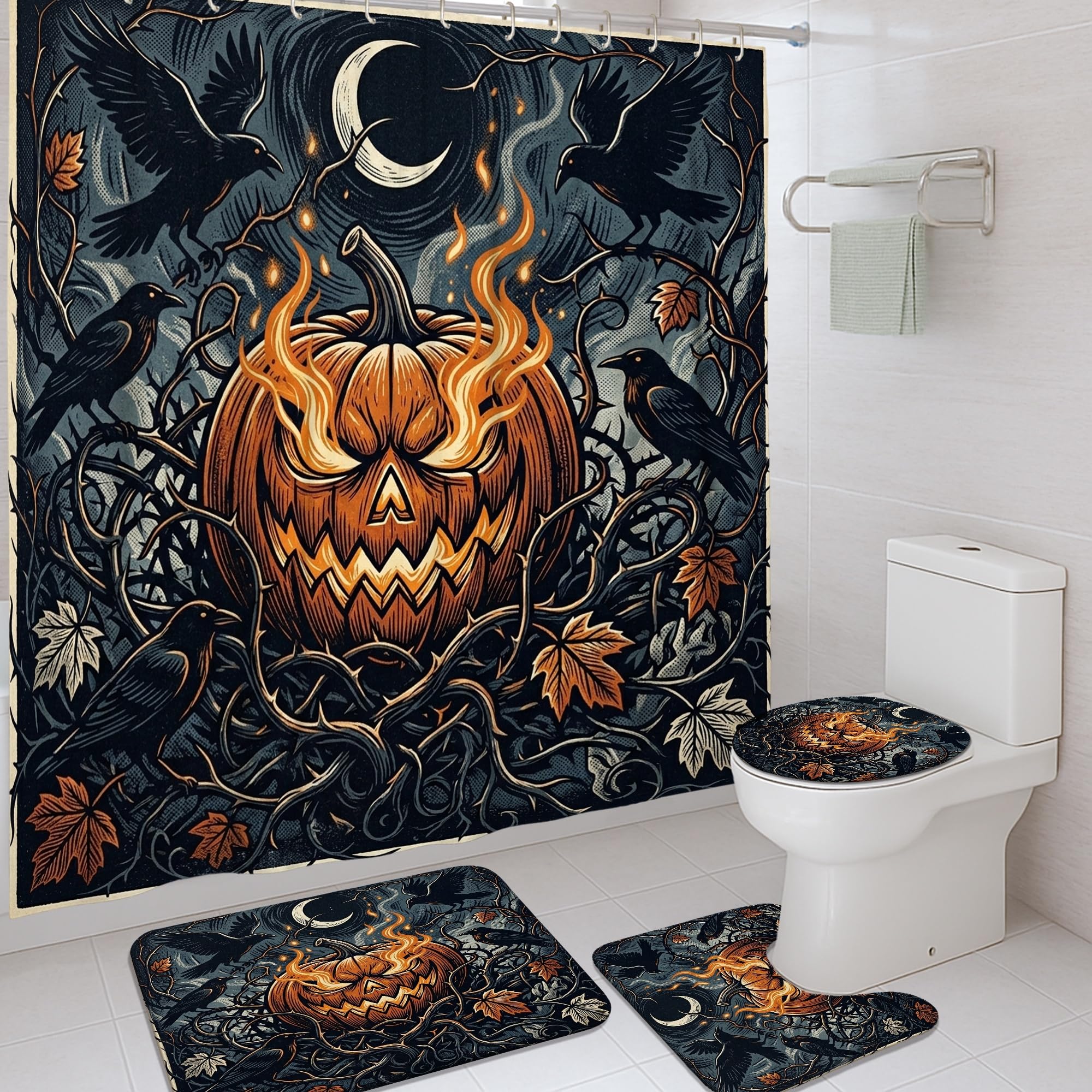 Rideau de douche en polyester de qualité supérieure motif citrouilles et vignes d'Halloween