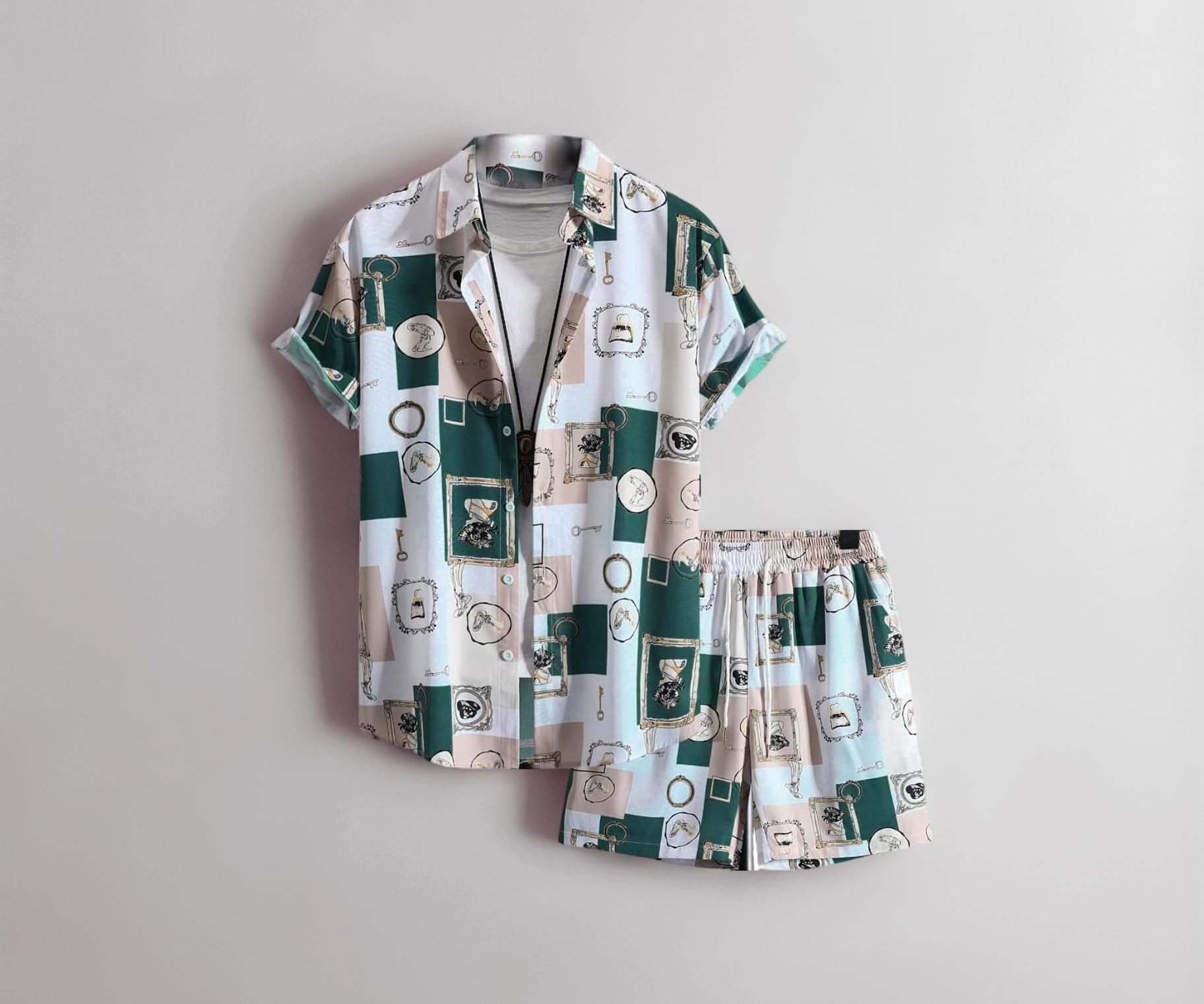 Mens Rayon Printed Co-Ord Pyjama Set Regular Fit Relaxed Night Dress (Dt-Ms-6065&Sh-169_Teal_Medium)