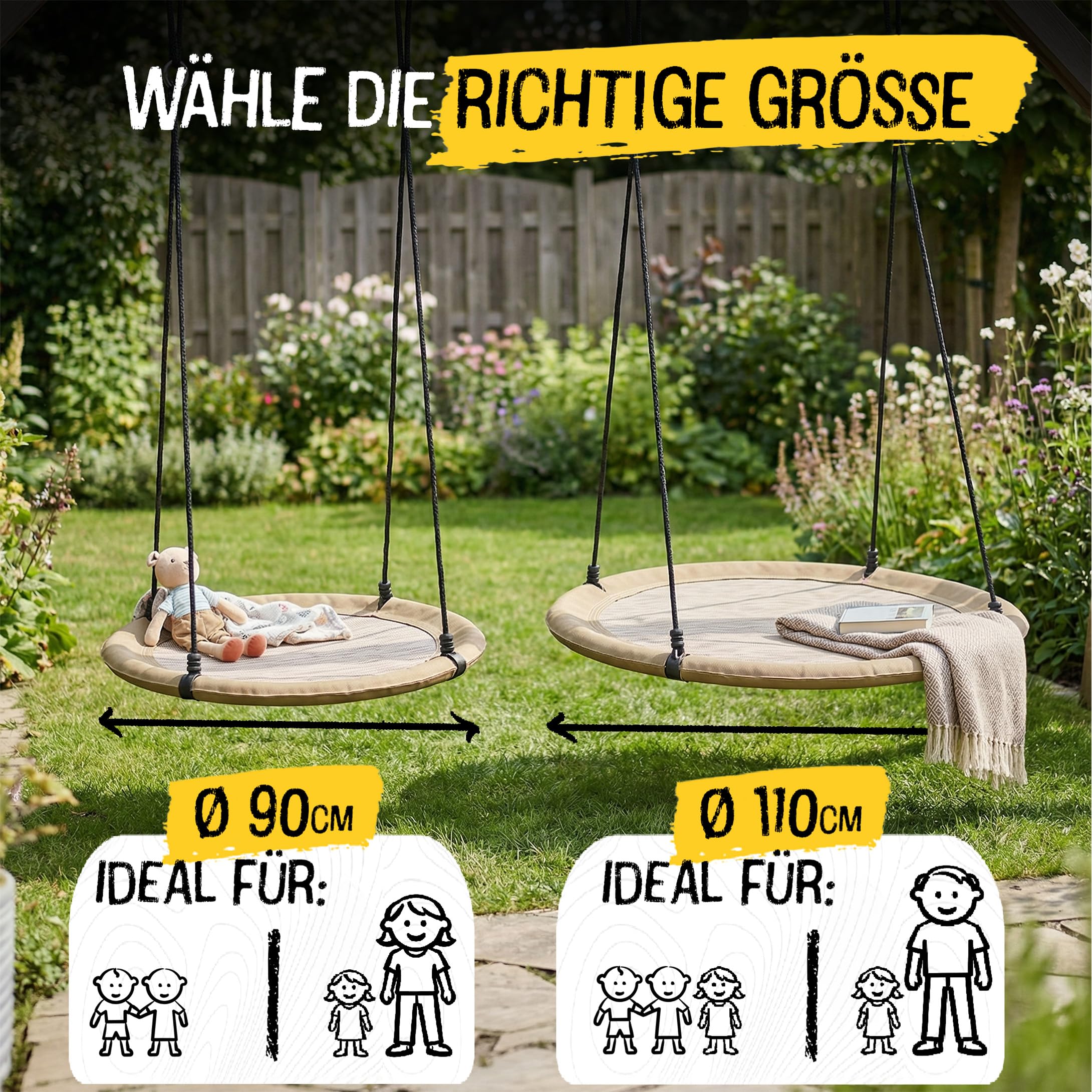 FRIEDO Nestschaukel Outdoor 90/110 cm I Netzschaukel bis 150 kg I Wasserabweisend & UV-beständiger Bezug I Höhenverstellbar I Rostfreier Stahlrahmen I Kein Ausbleichen I Korbschaukel schnell montiert