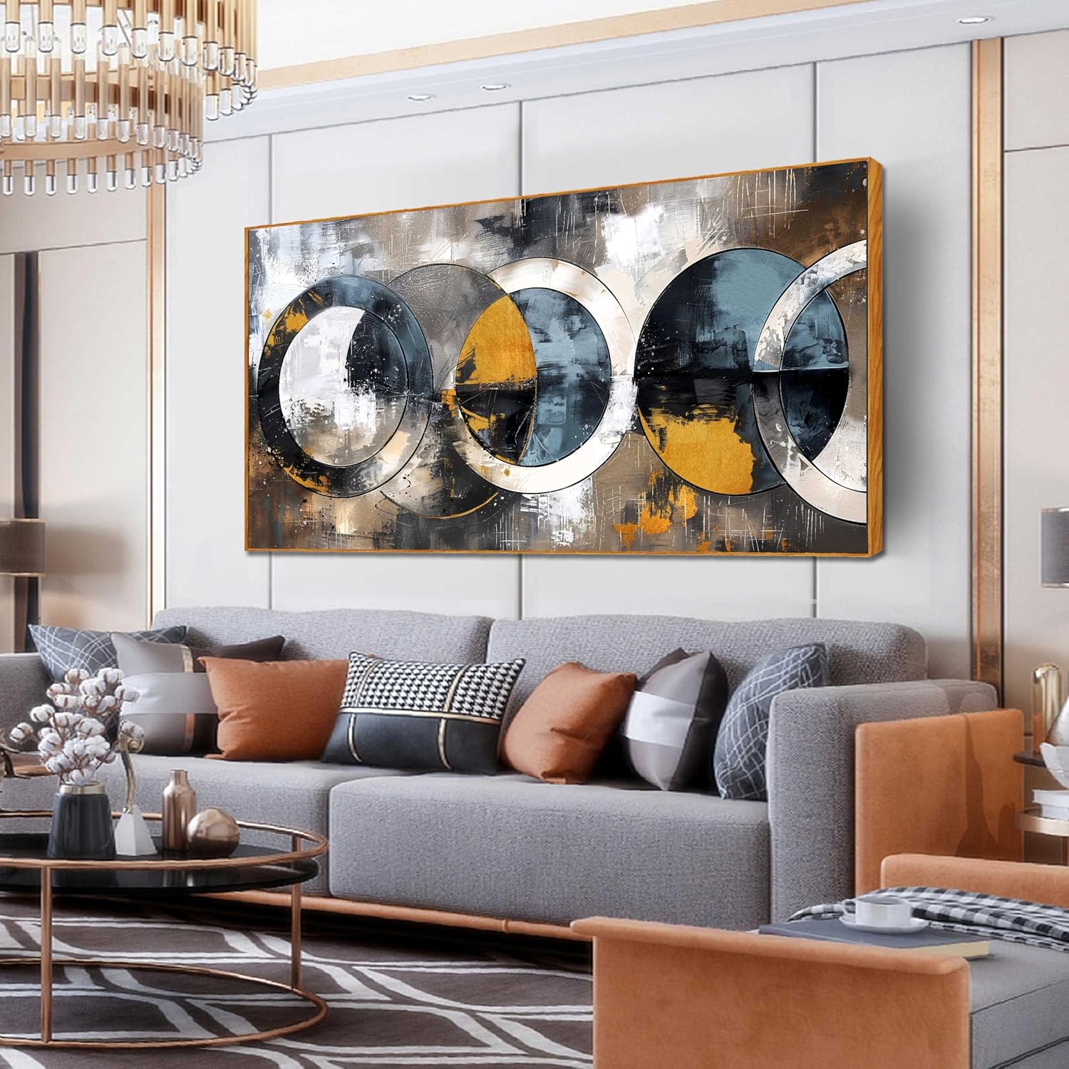 Large Abstract Canvas Wall Art Circle Geometric Brown Abstract Canvas Prints With Wood Framed Modern Abstract Picture Ready to Hang for Living Room Bedroom Home Office Size 24x48